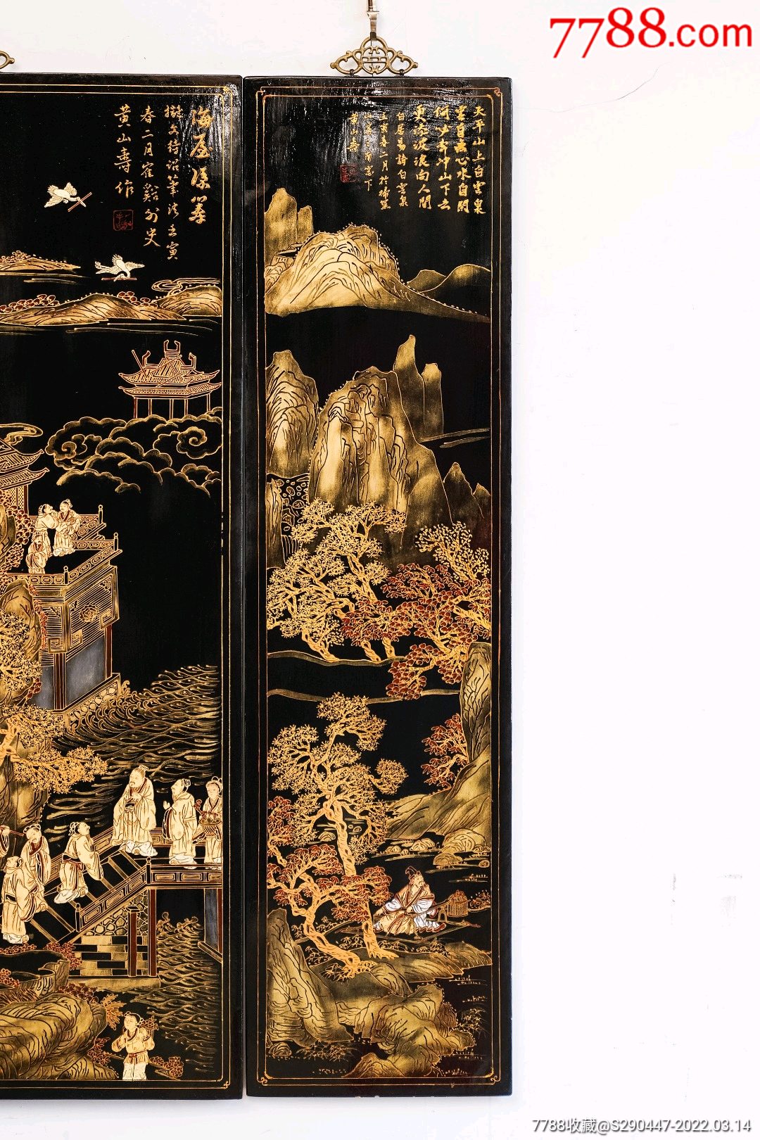 清代海屋添筹图描金漆画挂屏三件套此件此件历经沧桑品相完整包浆浑厚