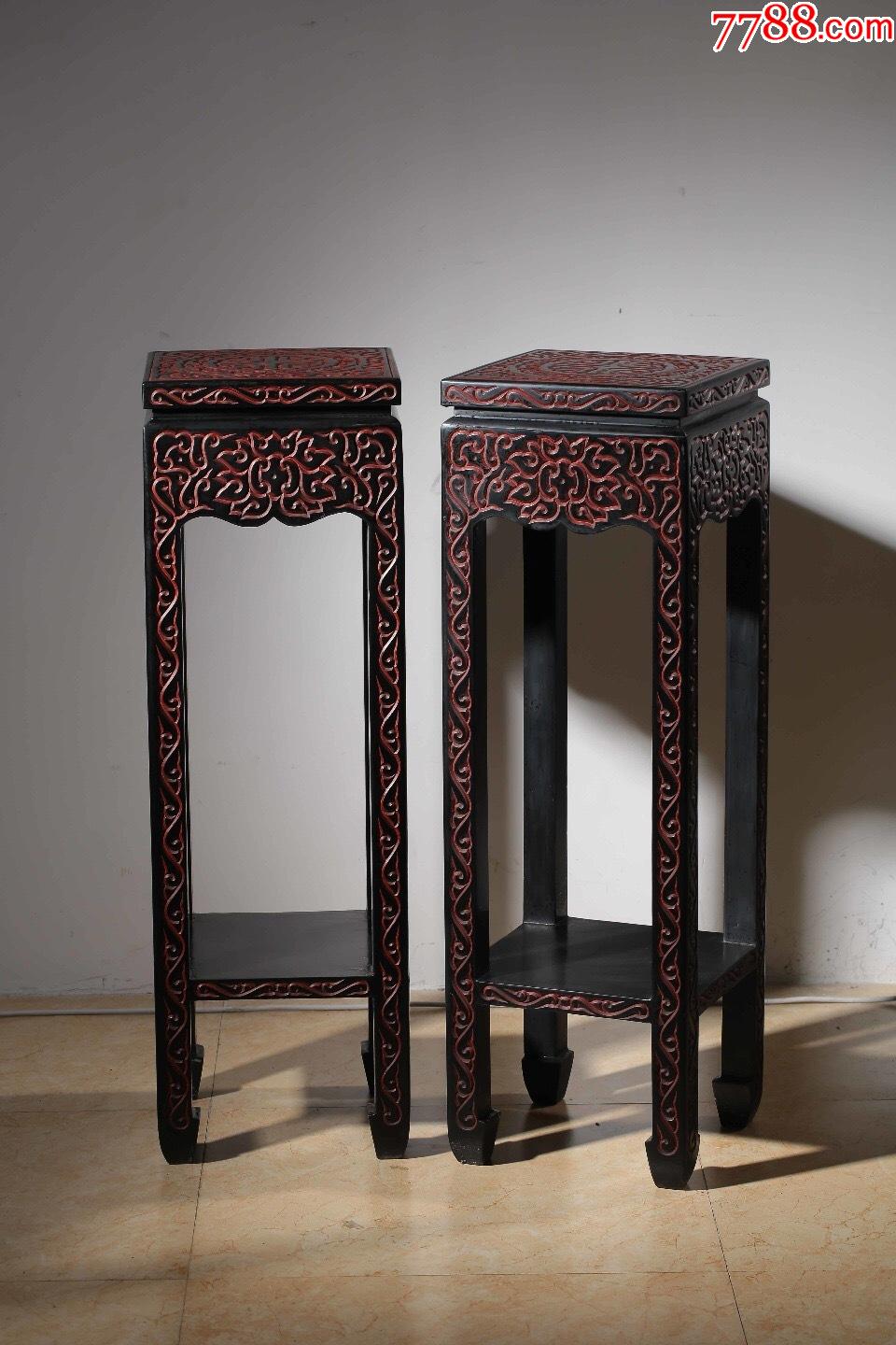 木胎漆器剔犀如意纹四方花几一对