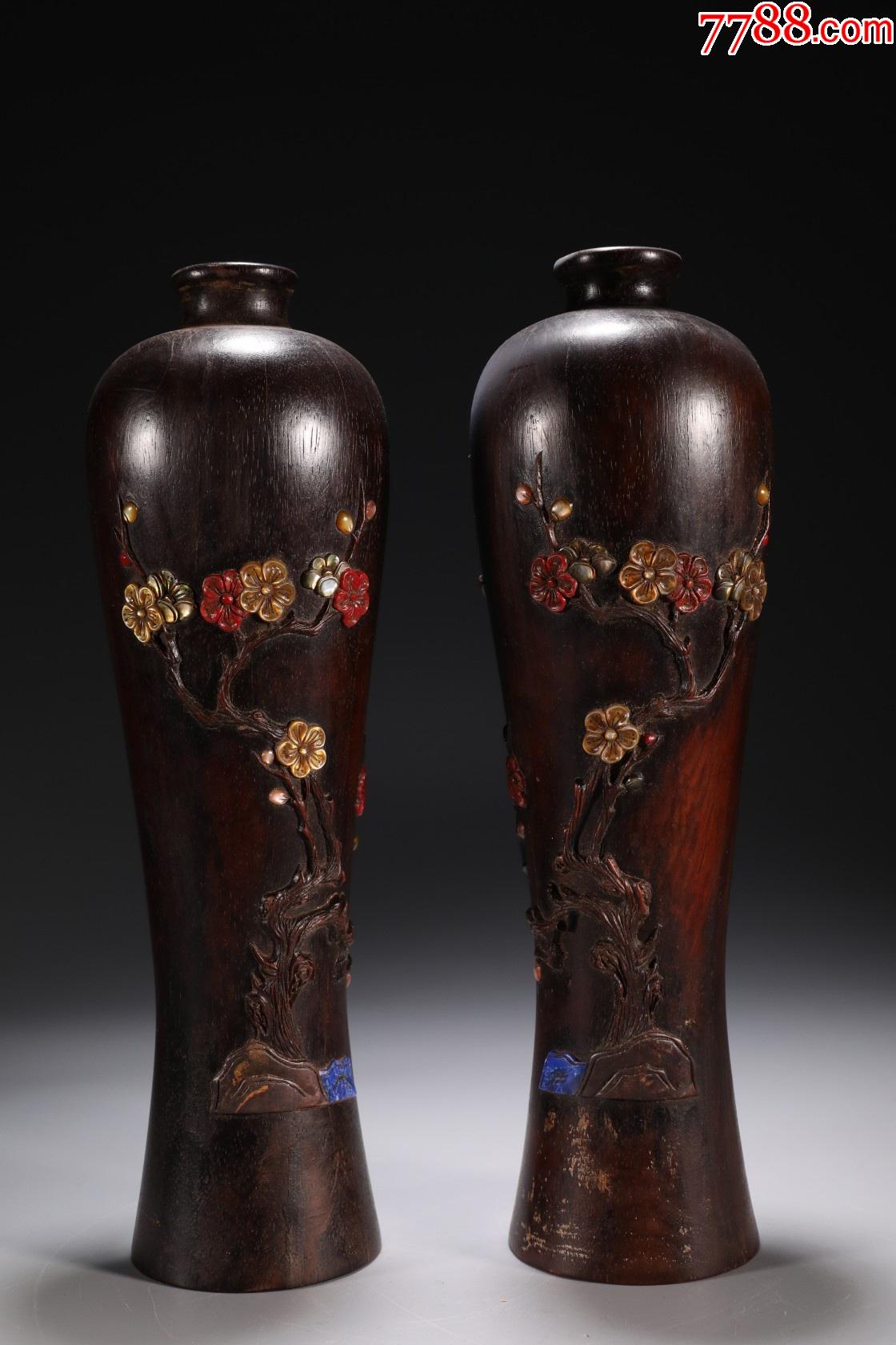 紫檀百宝嵌梅花纹·美人瓶一对-价格:3200元-se85925704-木雕摆件