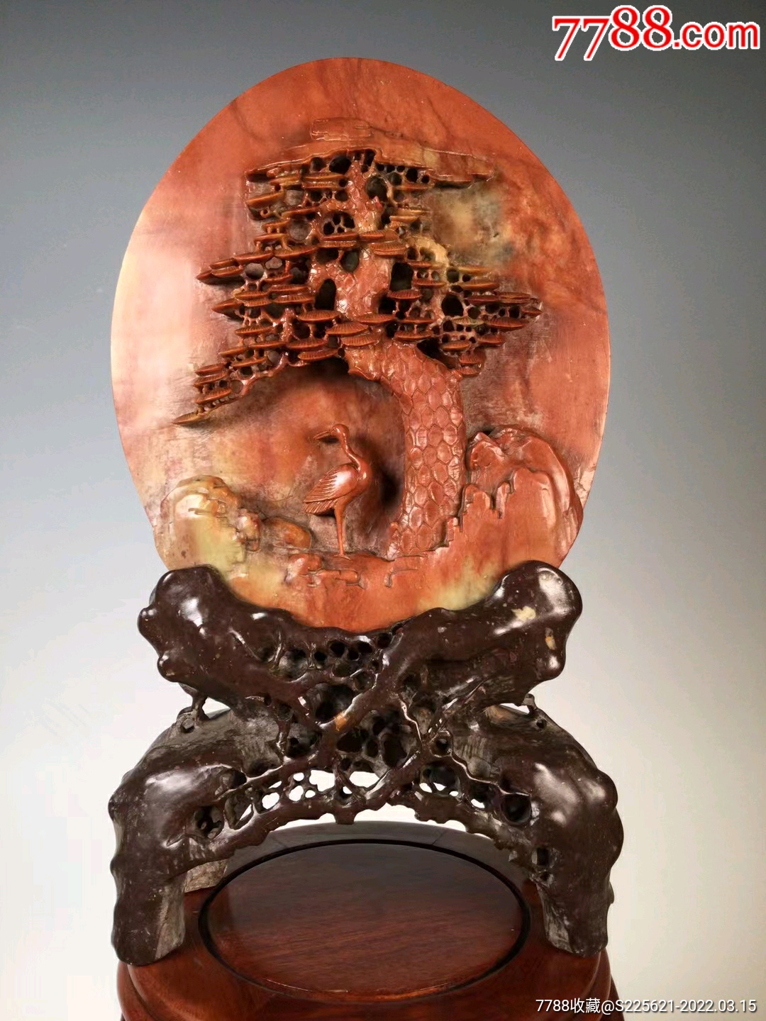 解放初寿山石雕刻精美松鹤延年益寿石头插屏