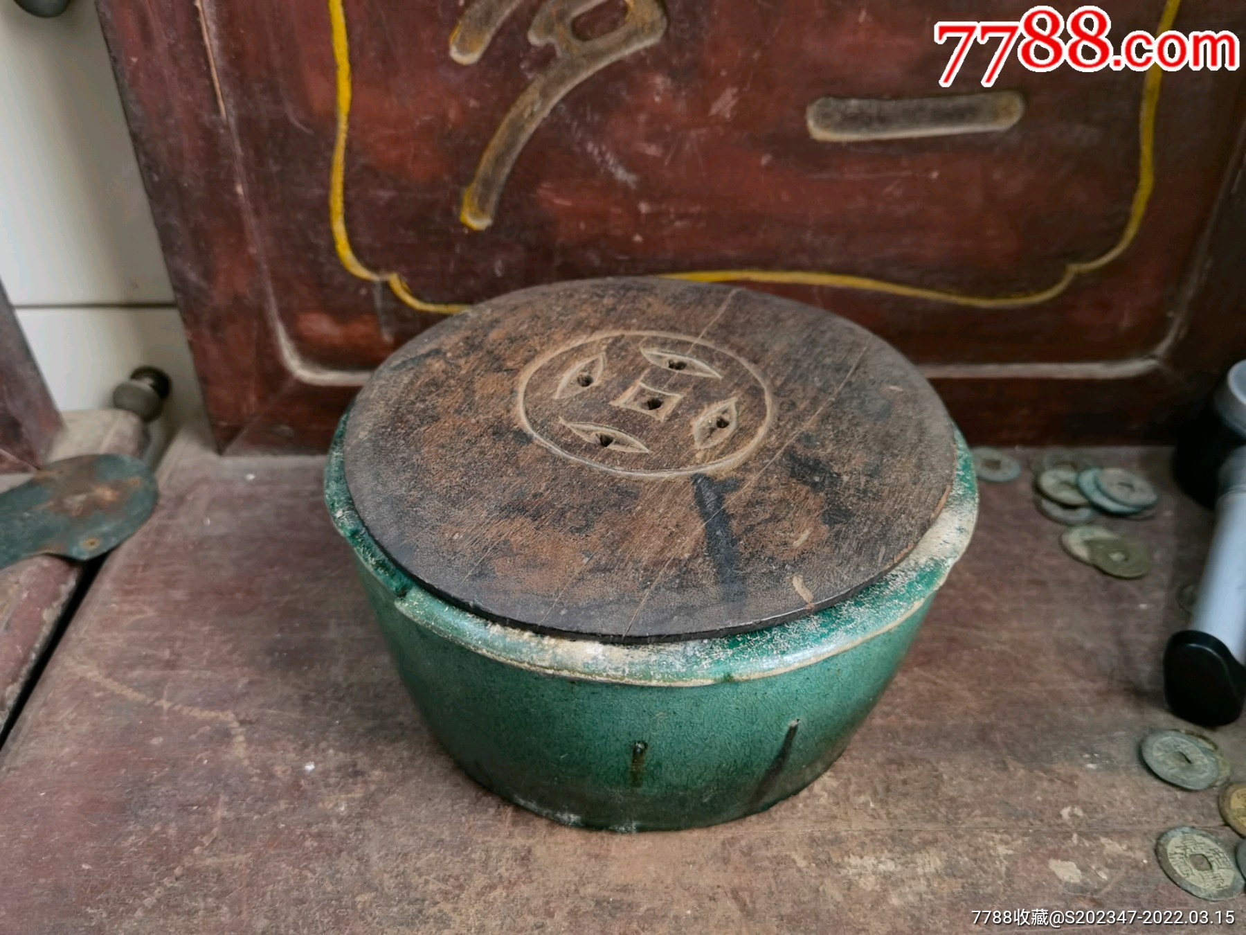 清代老石湾窑斗蟋蟀罐带硬木金钱纹盖直径195高97完整