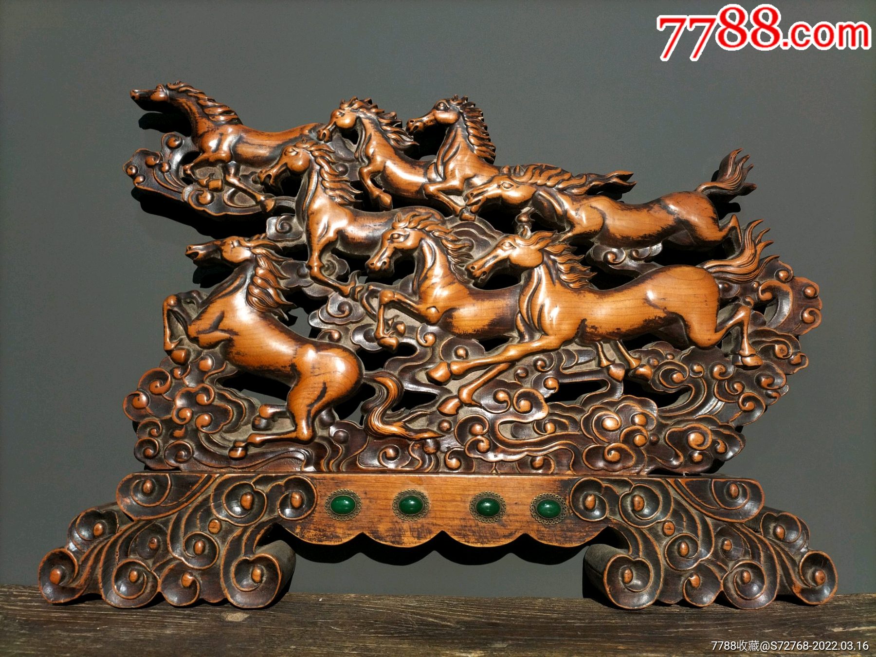 旧藏老黄杨木纯手工镂空雕刻八骏图屏风摆件_木雕摆件_第1张_7788相机