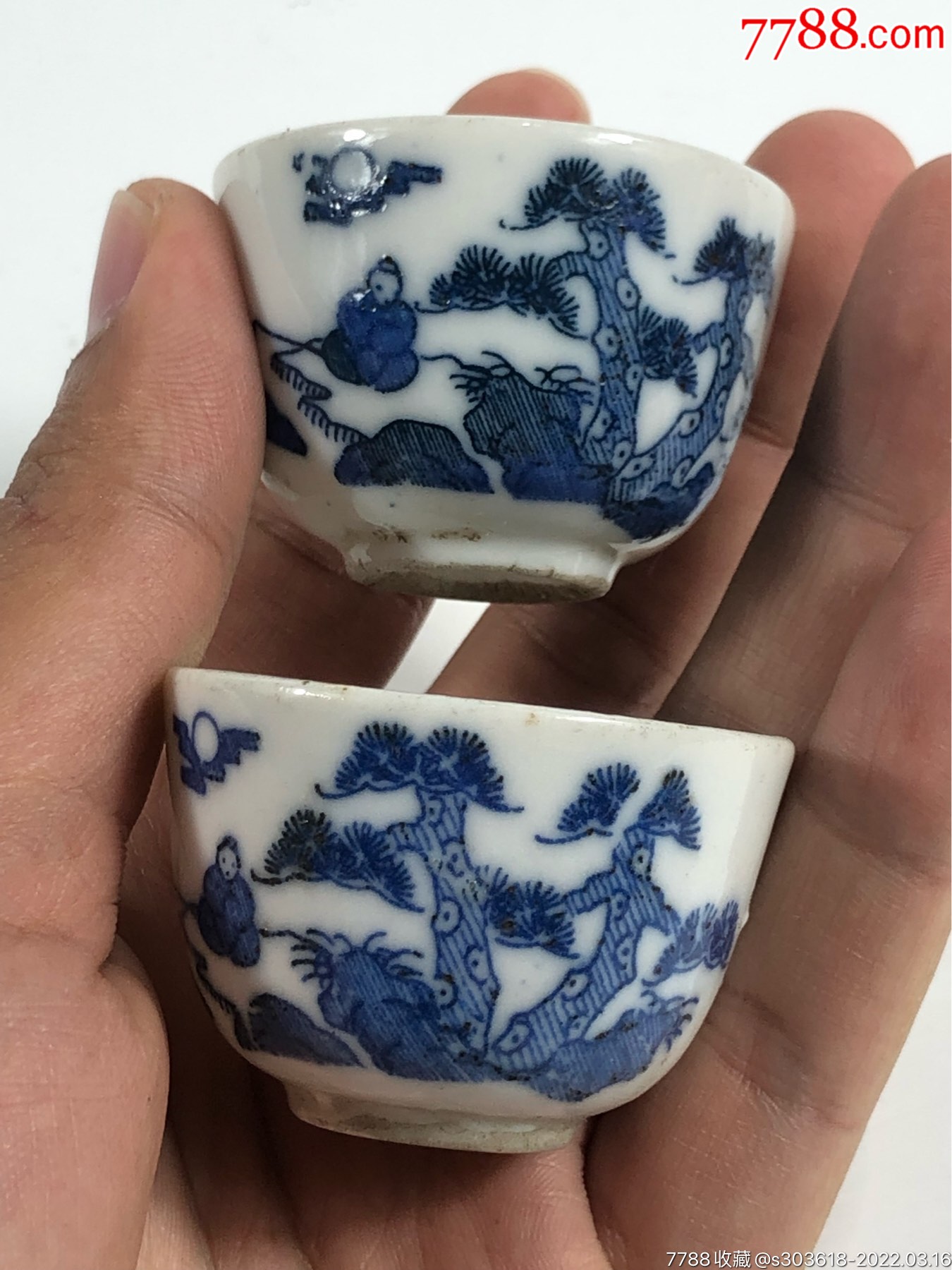 品名民国姜太公钓鱼青花杯一对