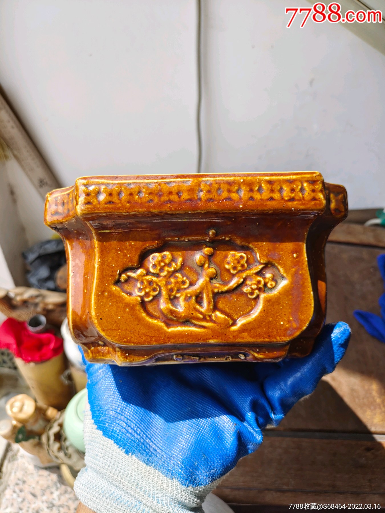 八十年代口径208152厘米梅花竹图梅开五福竹报平安字酱色花盆一个全品