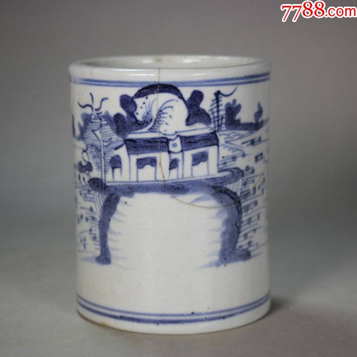 清代青花瓷山水纹笔筒文房器明清景德镇老瓷器陈设摆件实用老物件