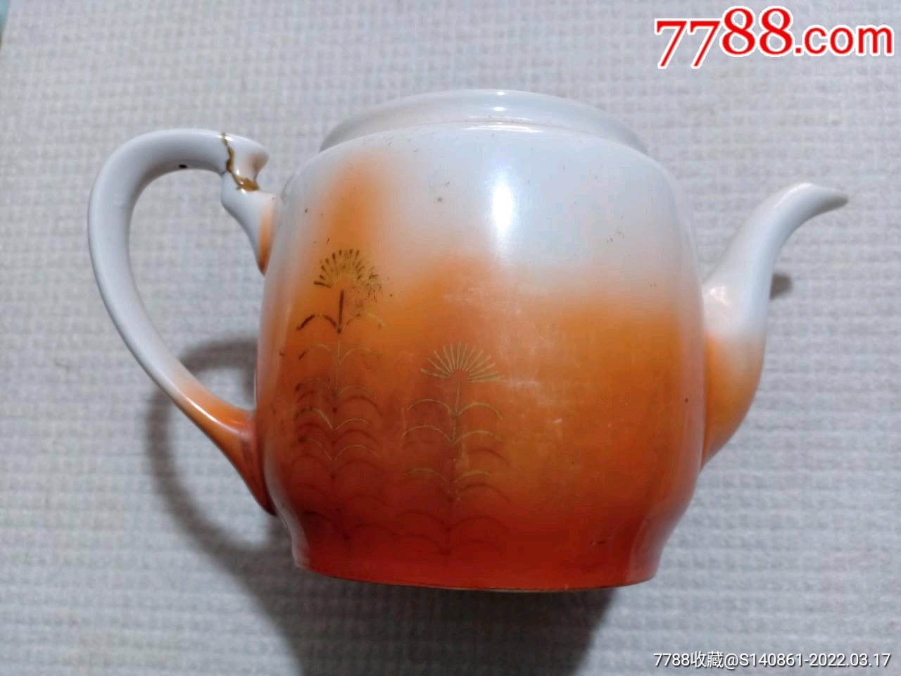 民国谦信洋行定制喷红彩金鱼水草图瓷制茶壶缺盖把有裂215115