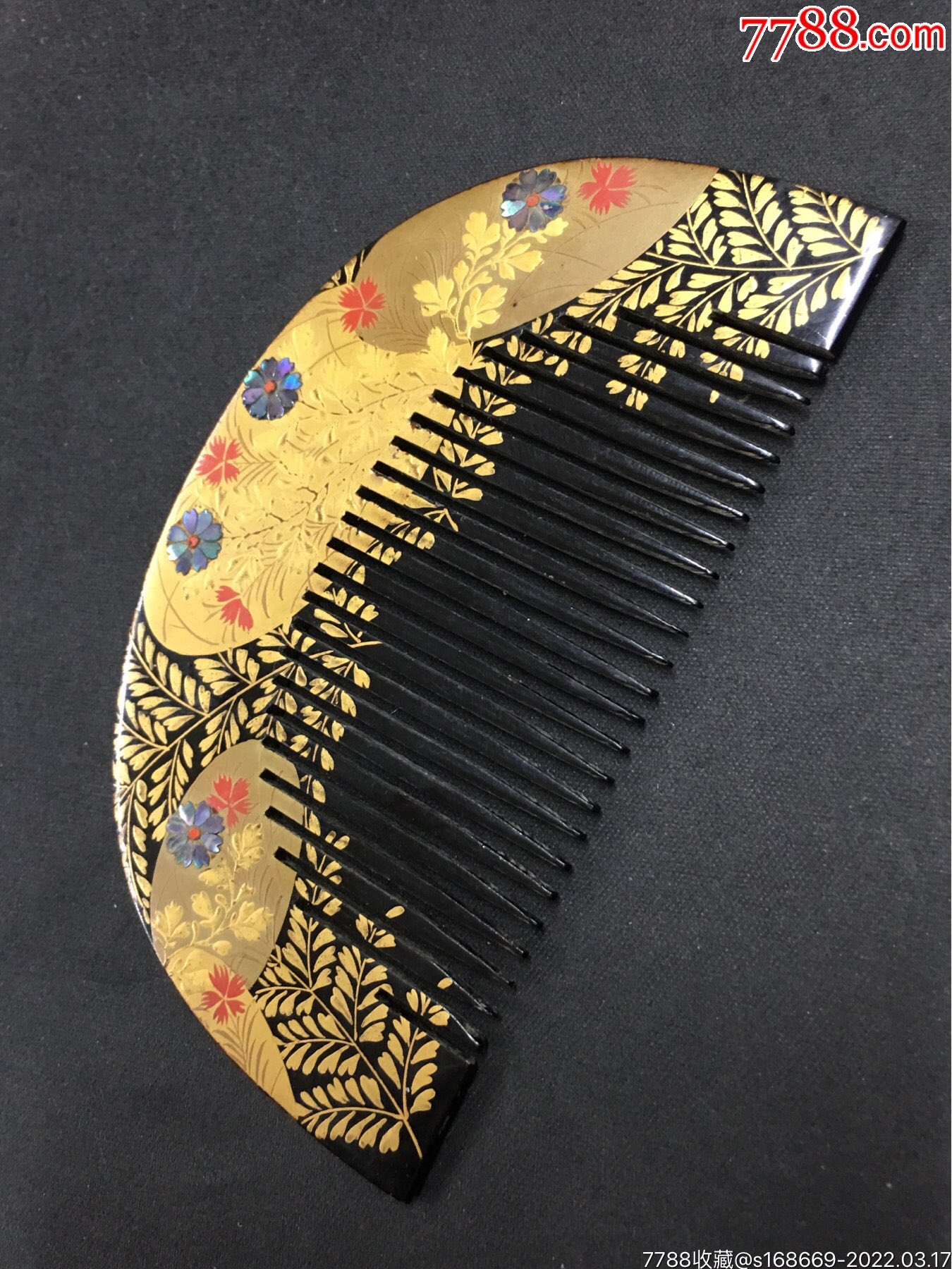 22316聚邮阁藏品5511日本回流金莳绘工艺梳子镶嵌螺钿