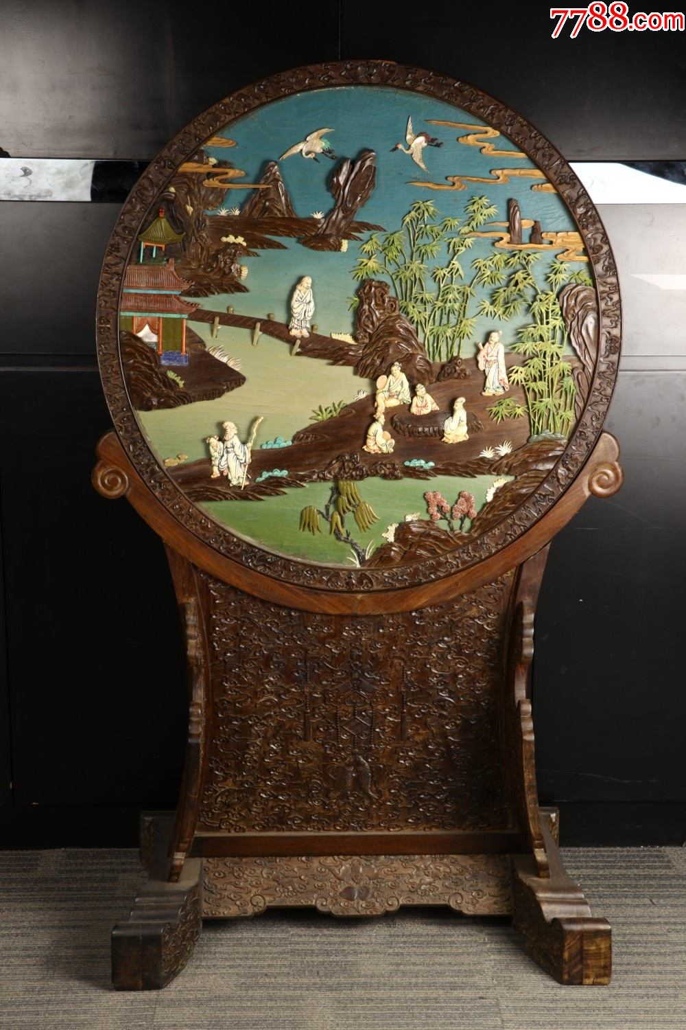 红木大漆地嵌百宝竹林七贤图大插屏_其他旧漆器_第1张_7788集邮网
