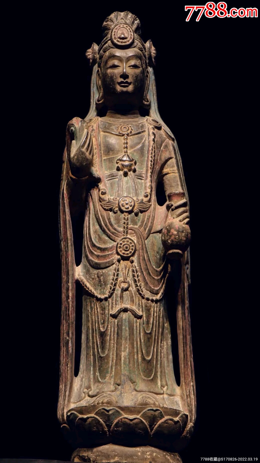 北齐观音菩萨造像青石尺寸高度82厘米容貌端庄头戴宝冠耳边缯带下垂
