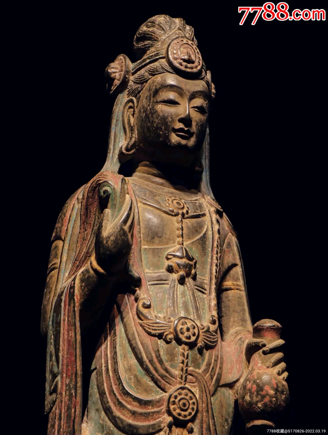 北齐观音菩萨造像青石尺寸高度82厘米容貌端庄头戴宝冠耳边缯带下垂