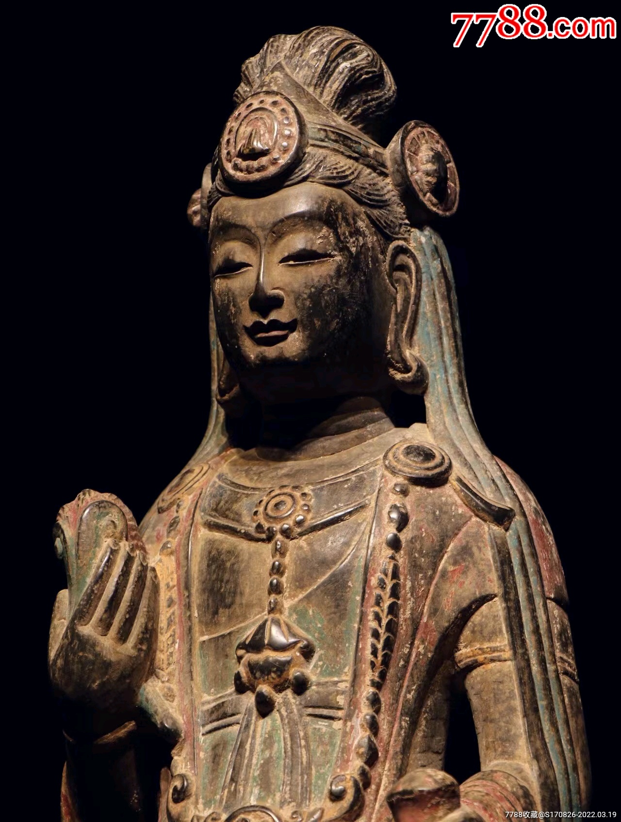 北齐观音菩萨造像青石尺寸高度82厘米容貌端庄头戴宝冠耳边缯带下垂