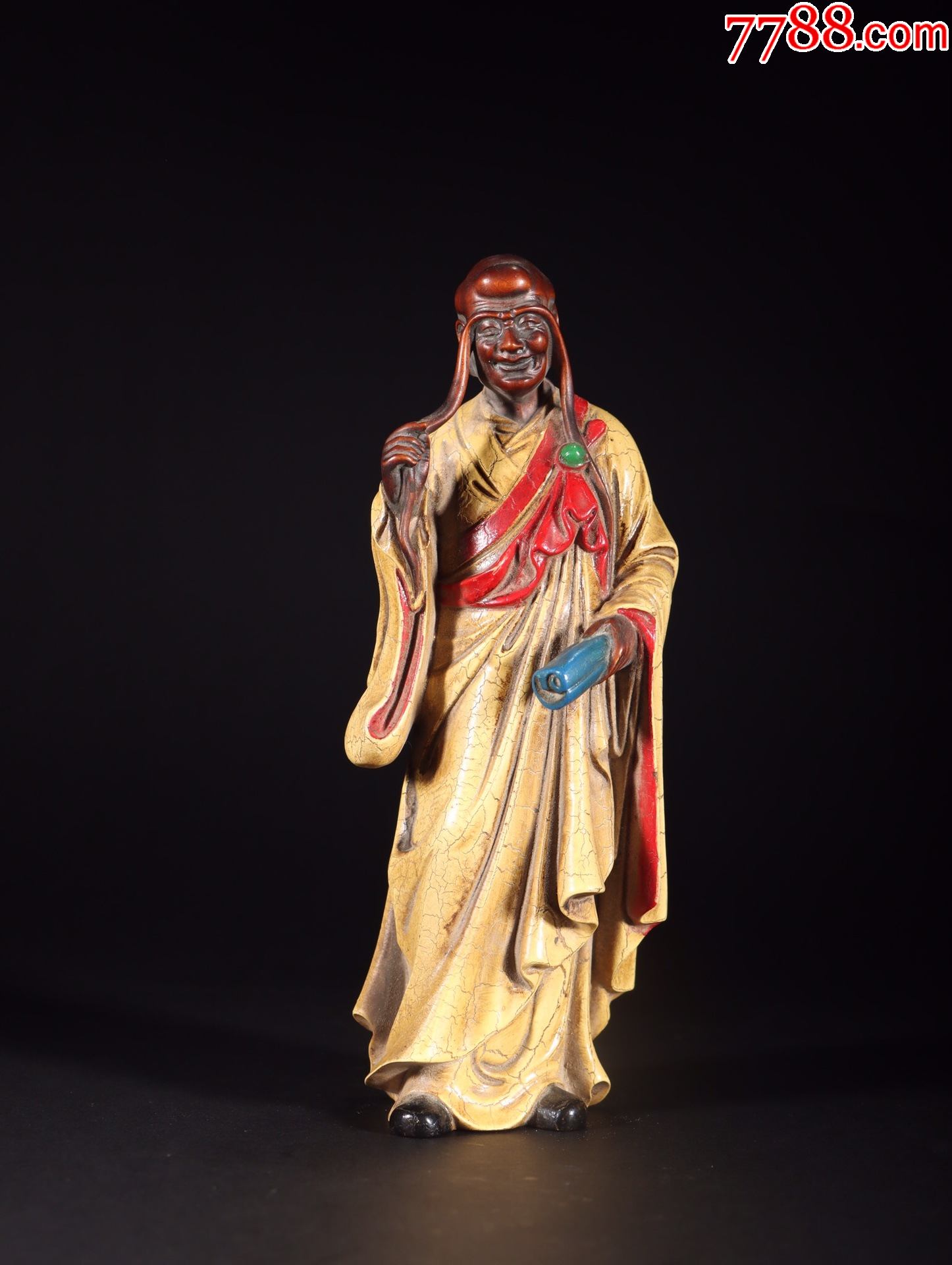 黄杨木加彩长眉罗汉摆件