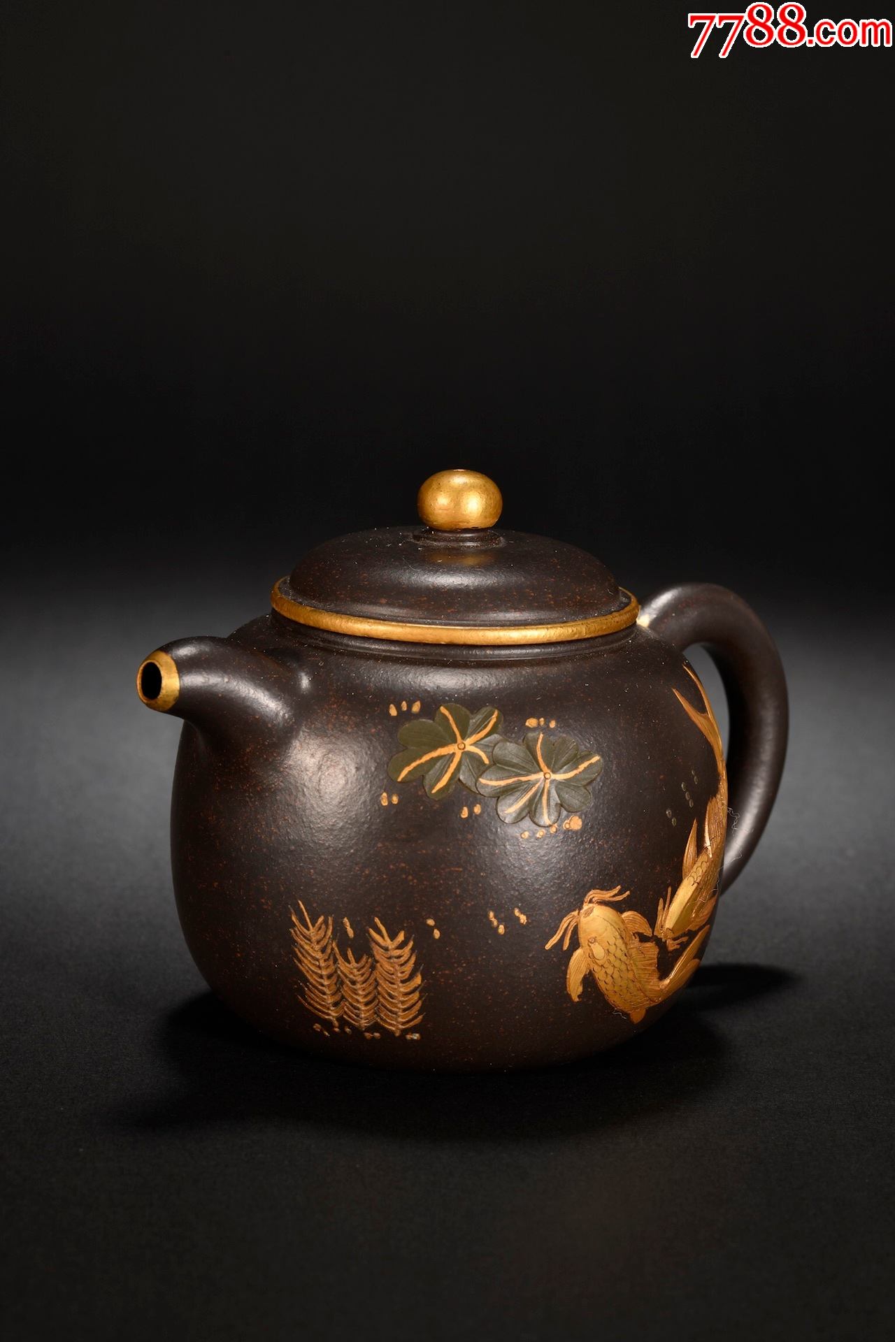 紫砂黑金刚描金年年有余茶壶a21s7f