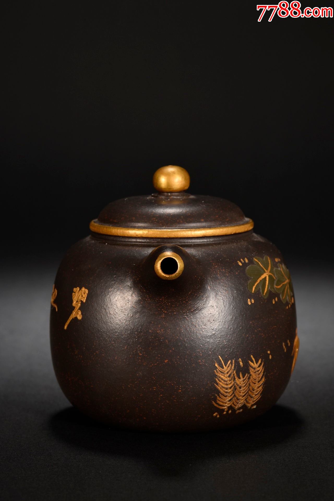 紫砂黑金刚描金年年有余茶壶a21s7f