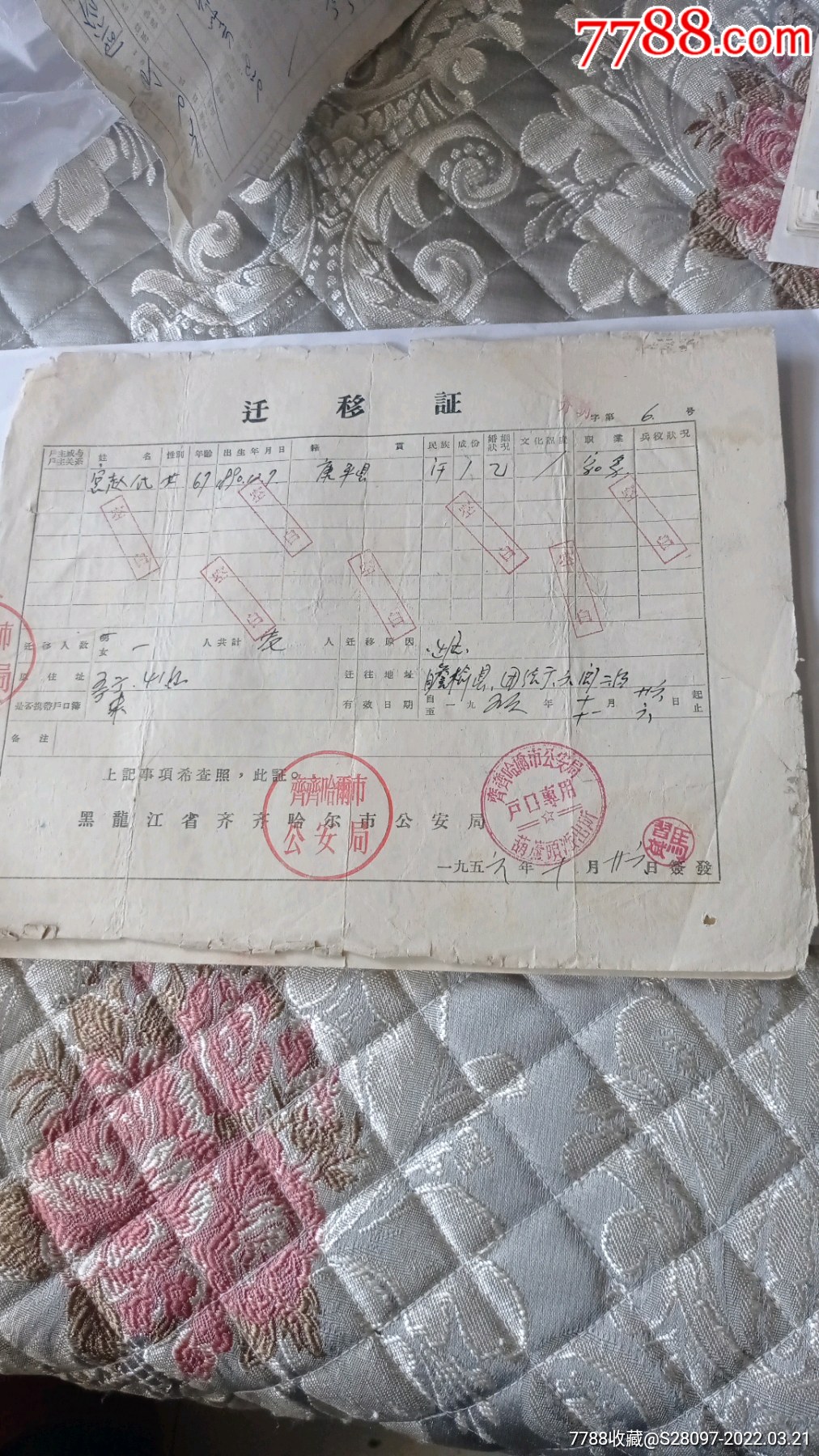 1955年齊齊哈爾戶口遷移證明-價格:10元-se86056335-介紹信/函-零售