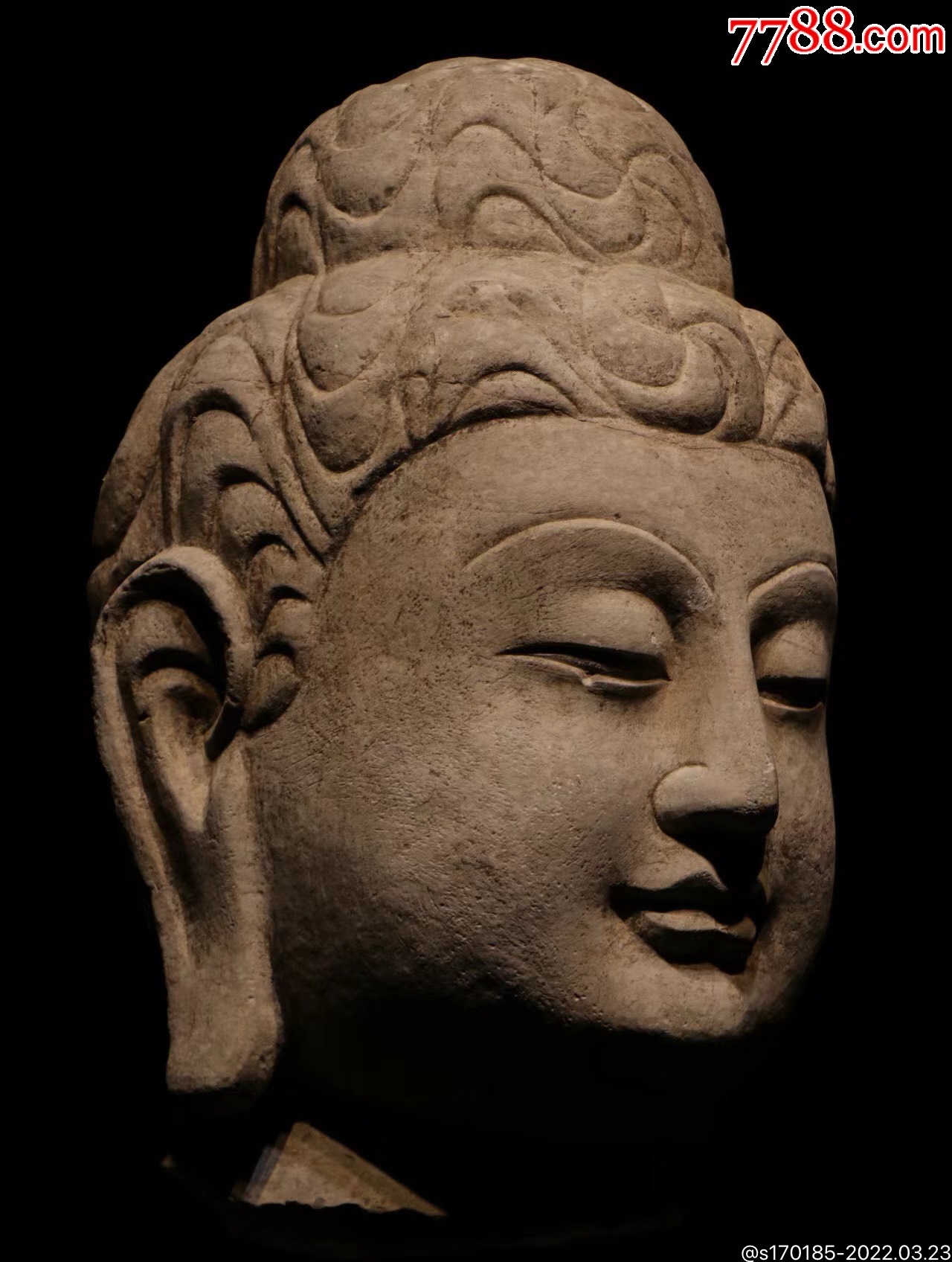 释迦牟尼佛首尺寸总高55净高45厘米青石开脸圆润面相端庄大耳下垂