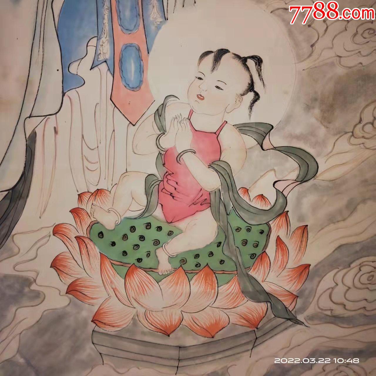 画心长127宽65厘米1993年手绘老人物画国画童子拜观音