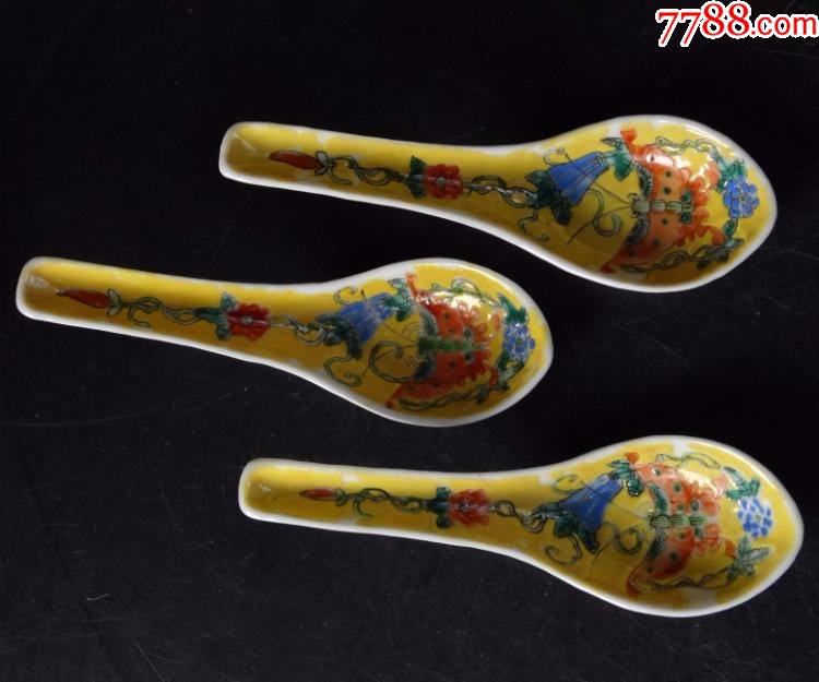 清代花蝶纹调羹汤勺精品3把_黄釉瓷_图片价格_收藏行情_7788集邮网