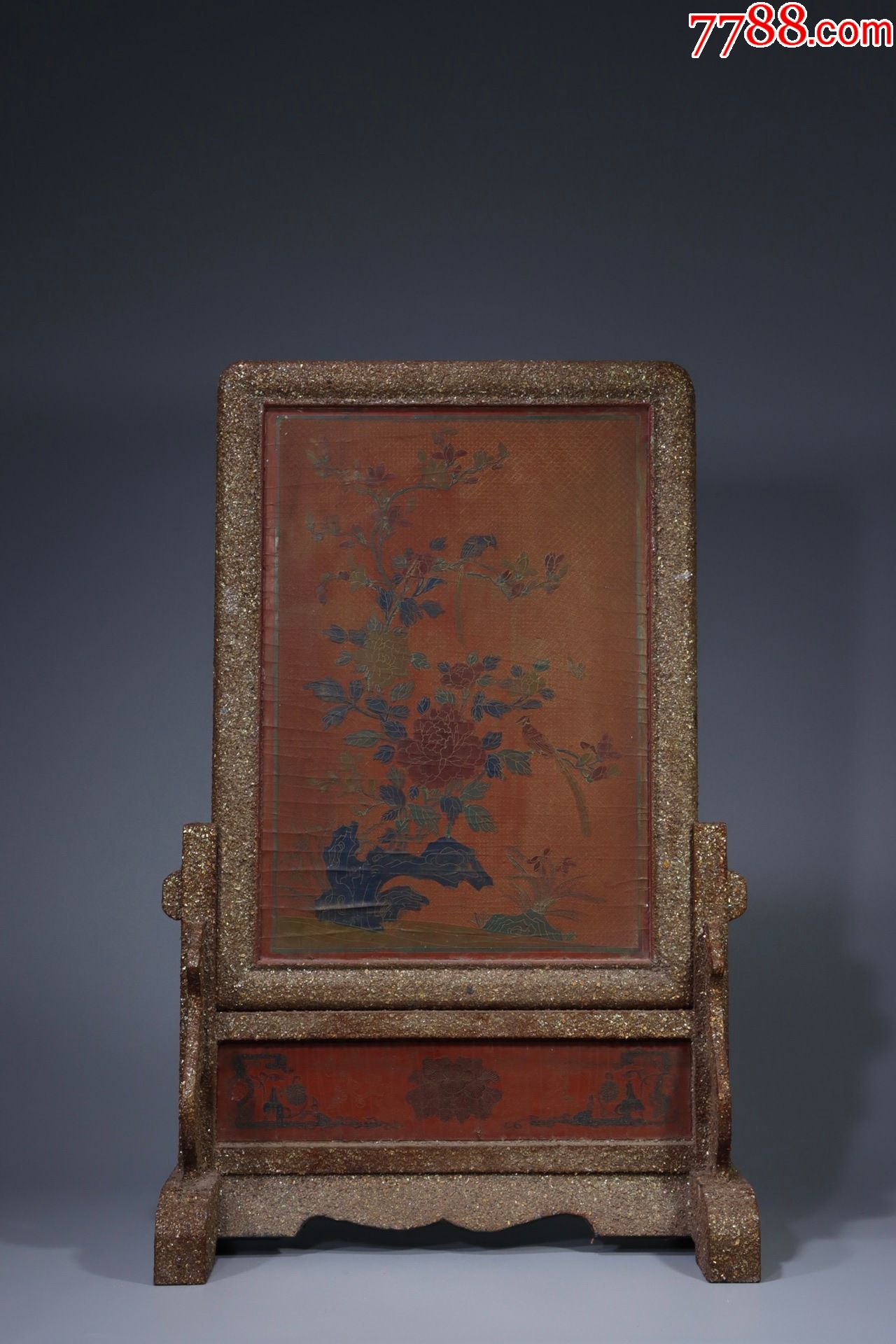 木胎漆器花鸟诗文插屏