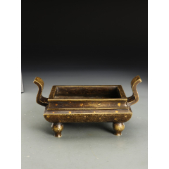 明代大明嘉靖庚寅年制款铜洒金双耳四足炉