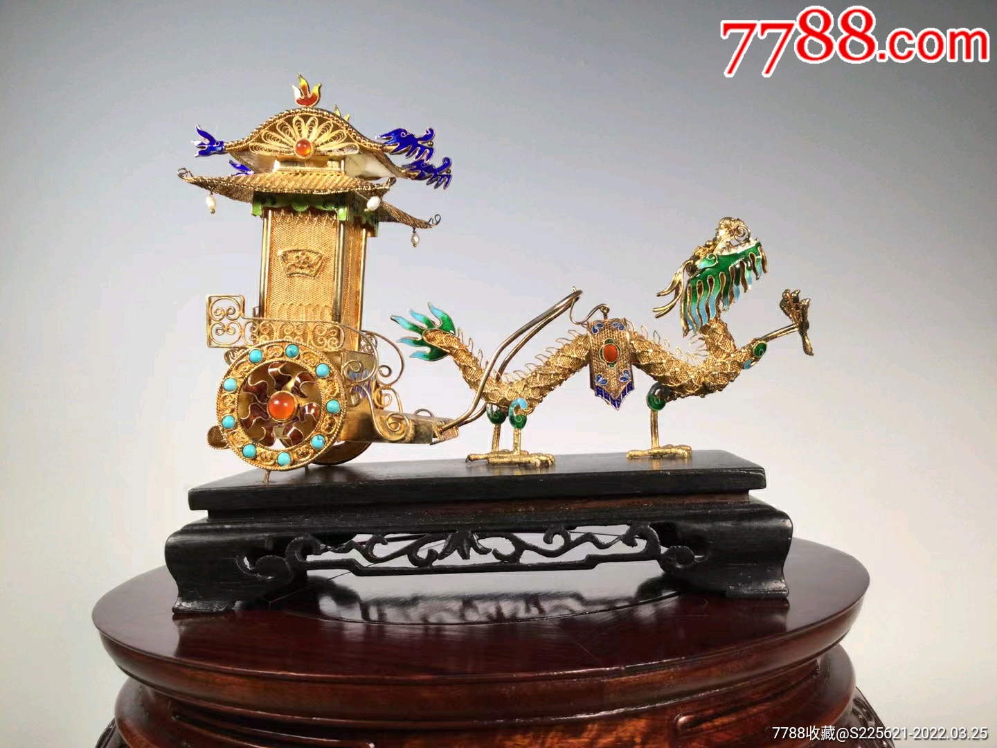 创汇时期纯银鎏金烧蓝花丝镶嵌松石珍珠玛瑙龙撵