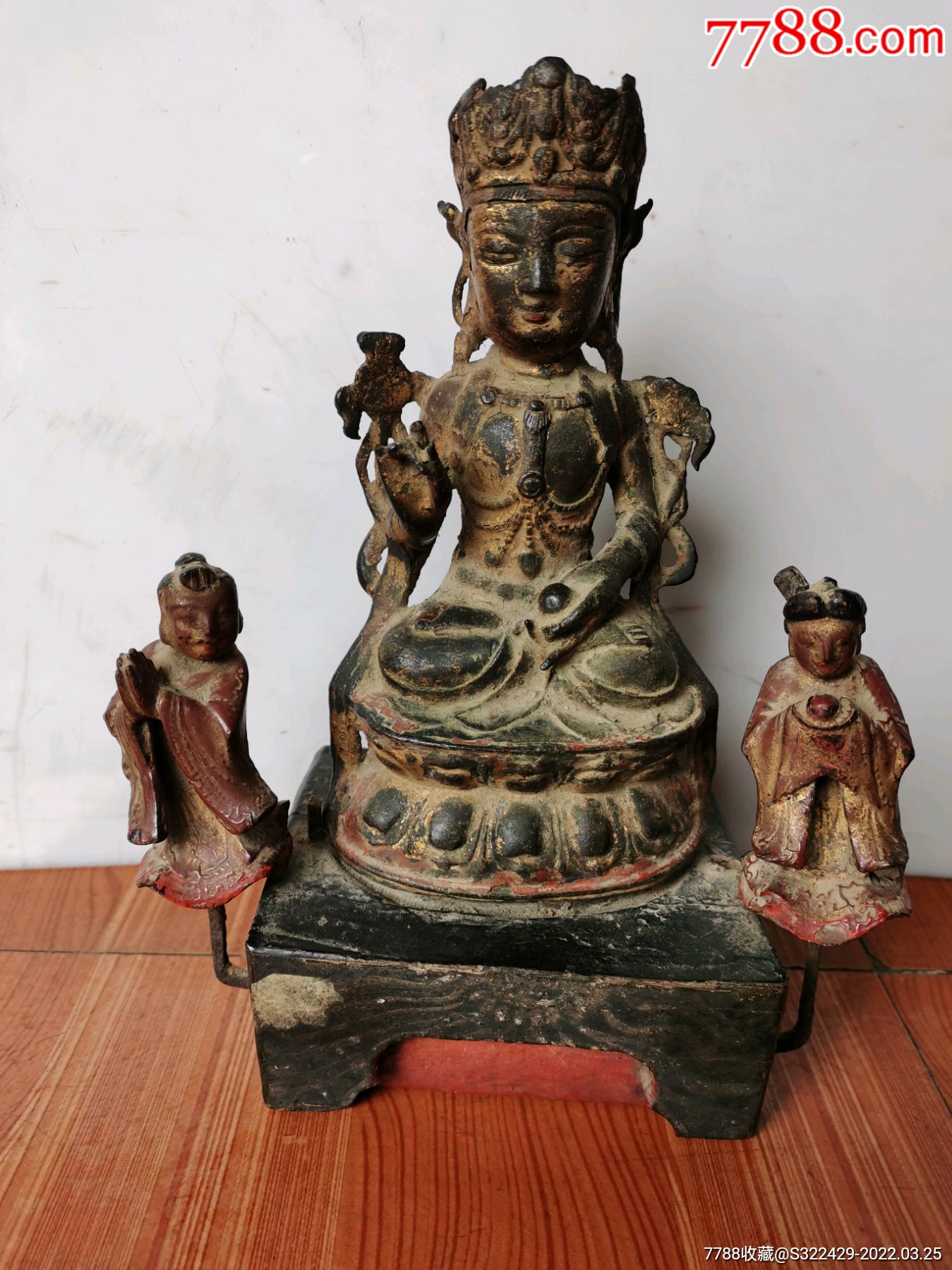 老古董明代金童玉女鎏金铜观音,20多年前拍卖会上买的_铜像/铜佛像