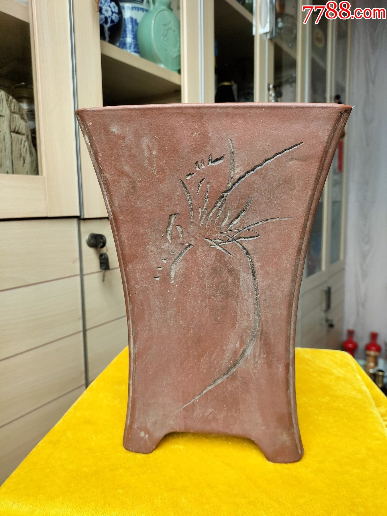 紫砂花盆收藏紫砂刻兰花竹子书法图老花盆完美品相