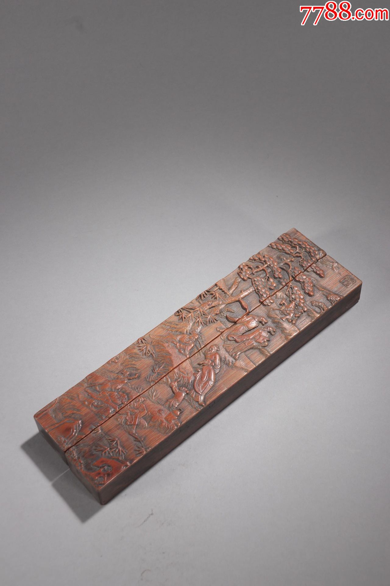 红木镶竹竹林七贤文房镇尺一对