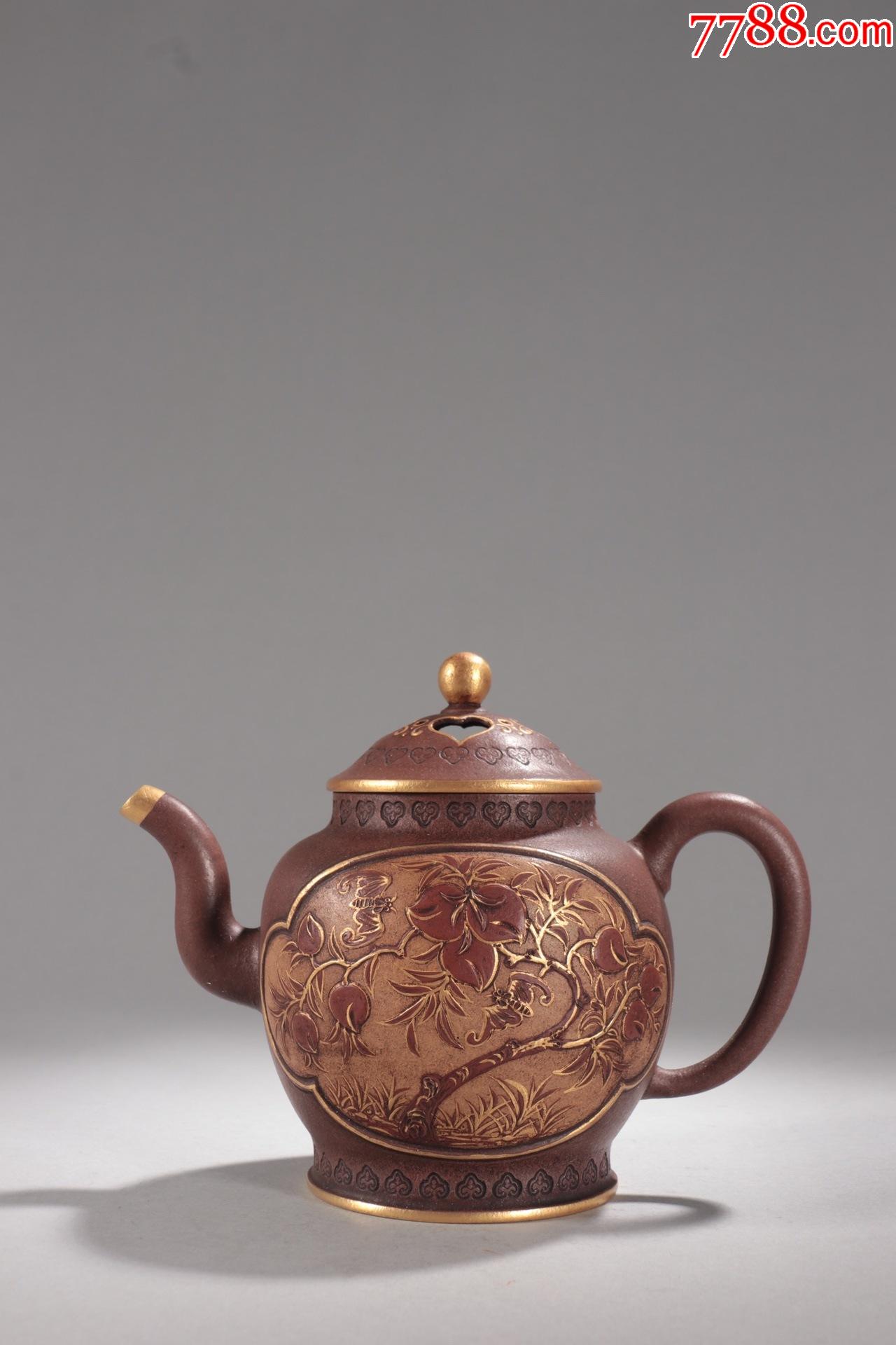 紫砂描金开窗花鸟茶壶