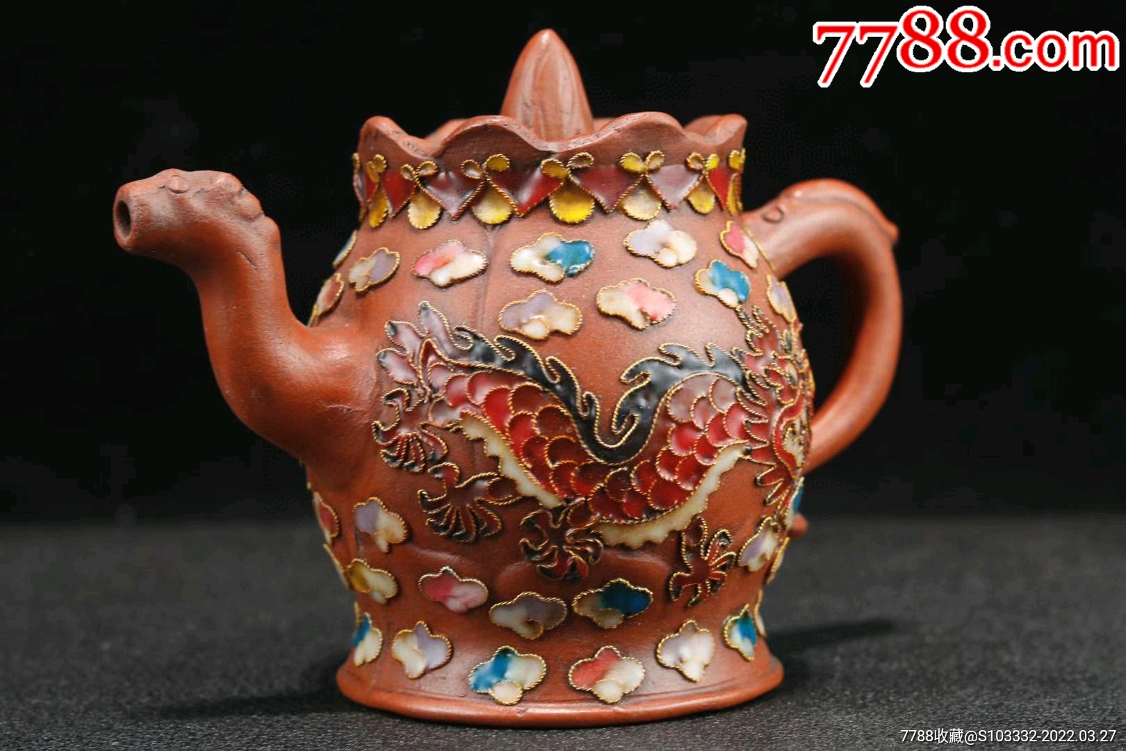 范章恩掐丝"龙凤"僧帽壶高13cm宽17cm-紫砂壶-7788m.cp