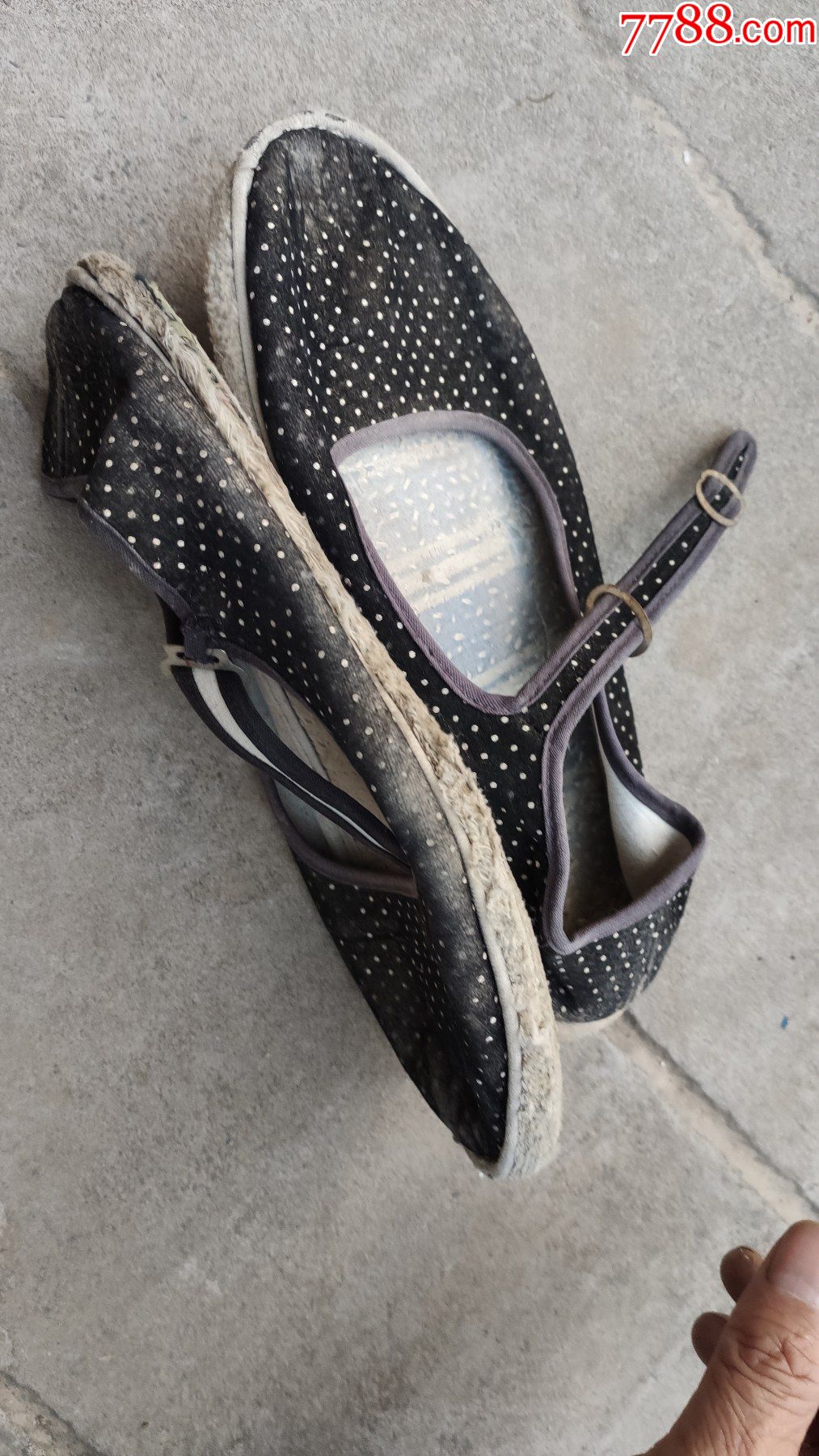 男女鞋帽旧鞋女士一带布鞋黑色绒面缀花千层手纳底24厘米