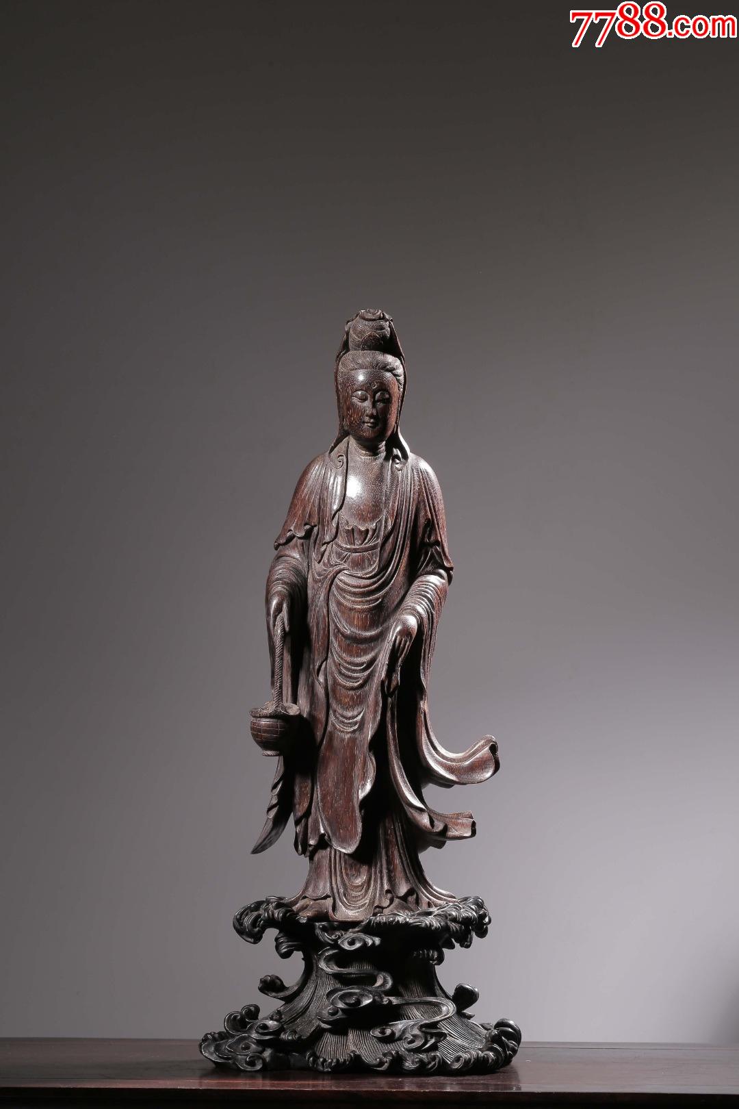 沉香木提篮观音大摆件小叶紫檀海浪纹底座