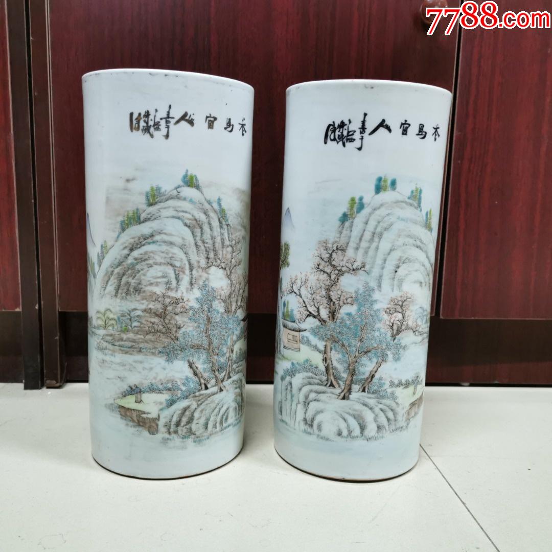 民国刘荣盛浅降彩山水瓷帽筒一对