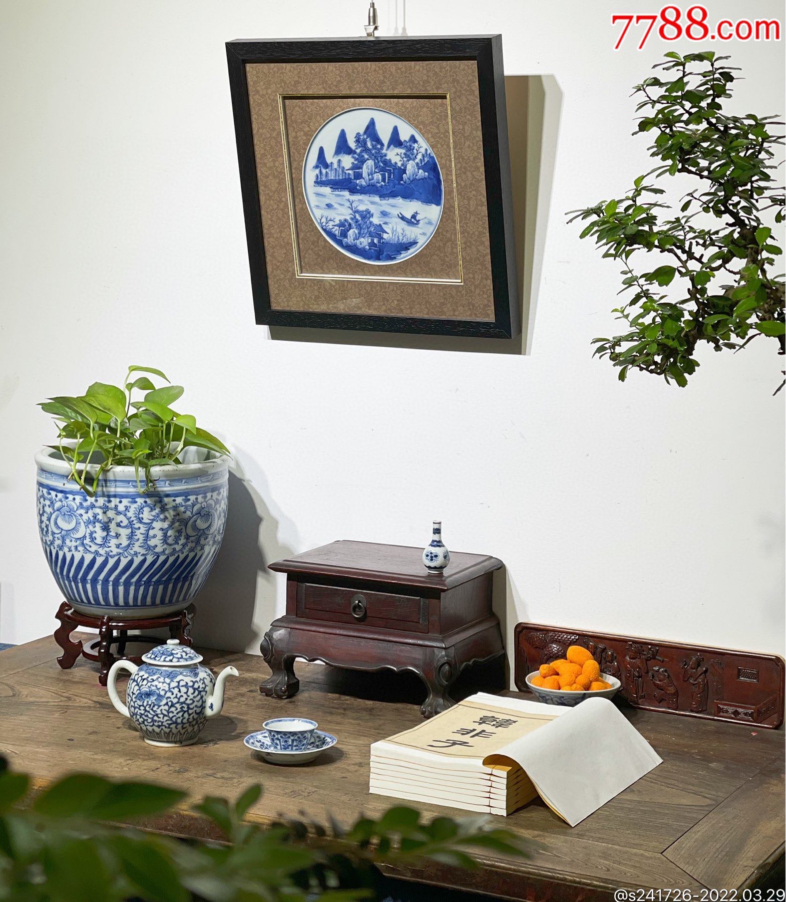清中期道光山水人物青花瓷板画-价格:2800元-se86223346-瓷片-零售