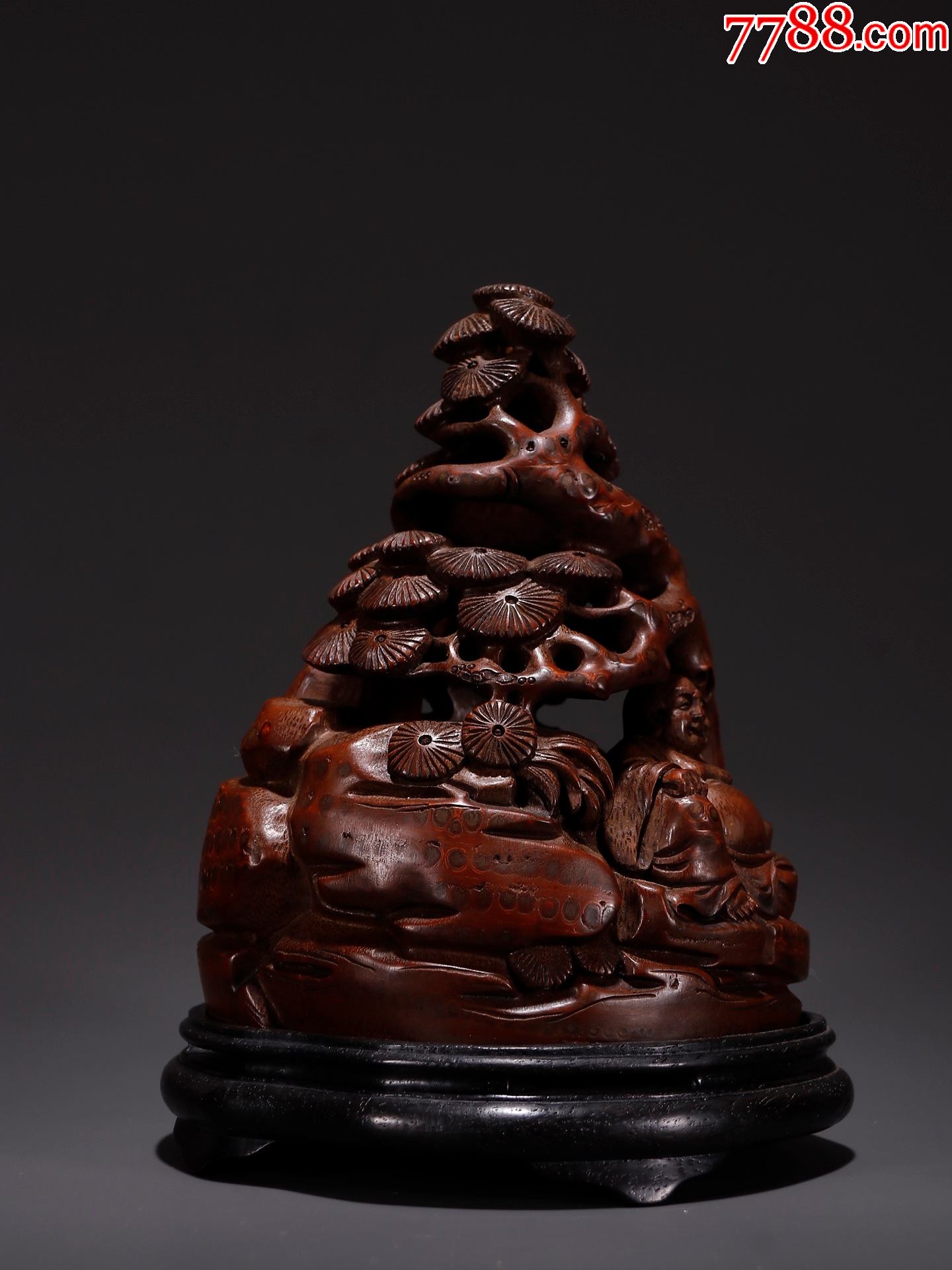 老竹雕松下弥勒佛香薰摆件