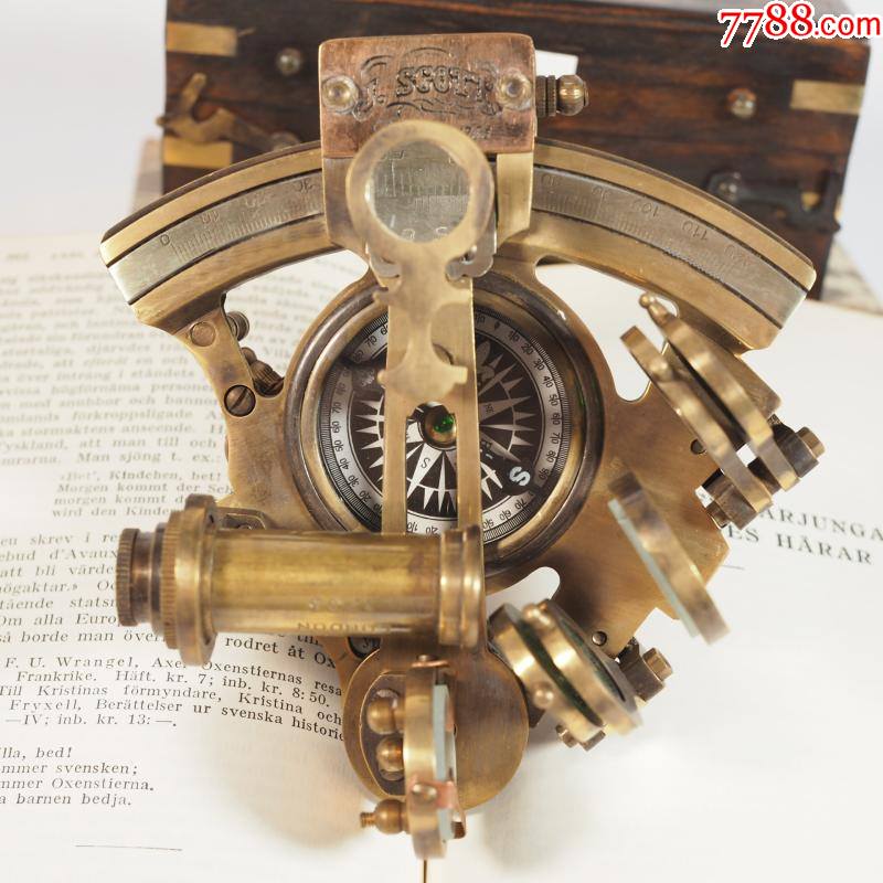 印度青铜小号航海六分仪带盒子办公桌面摆件仪器仿古怀旧工艺礼品