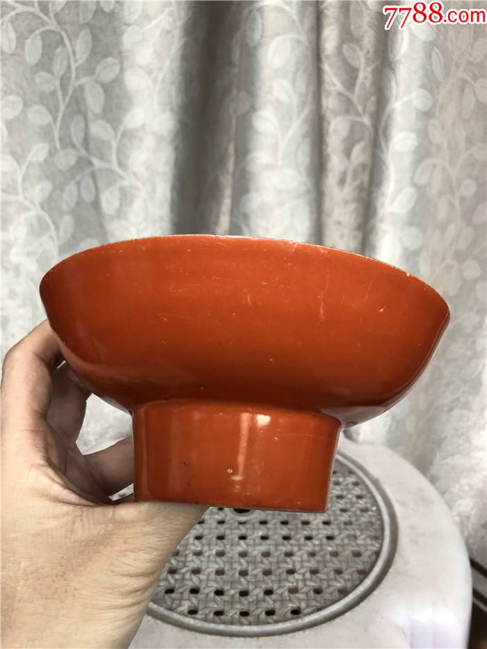 民国红釉高足碗