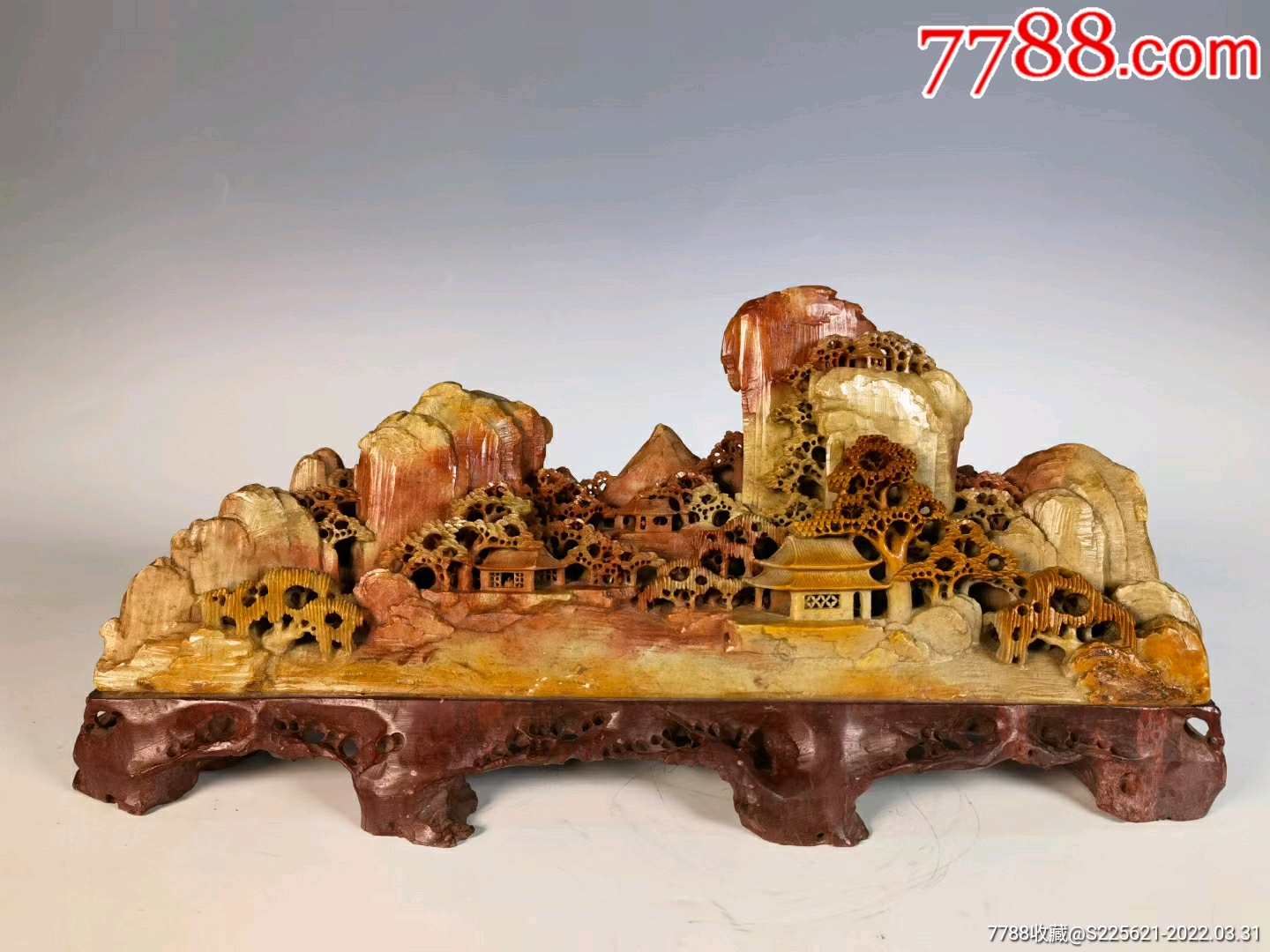 青田石俏色巧雕高山亭阁山子摆件