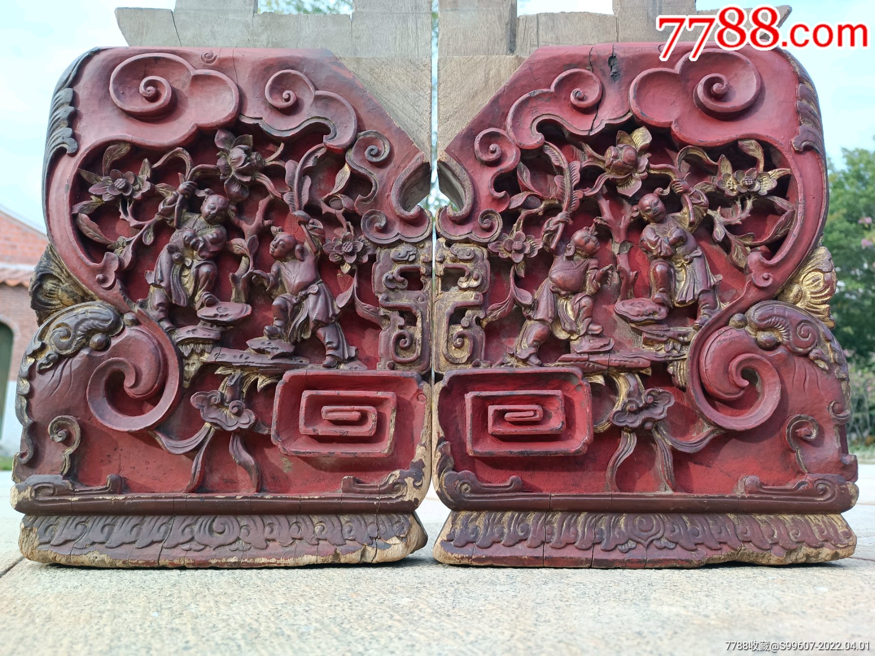 清代精品和合二仙老木雕老花板老床腿老摆件