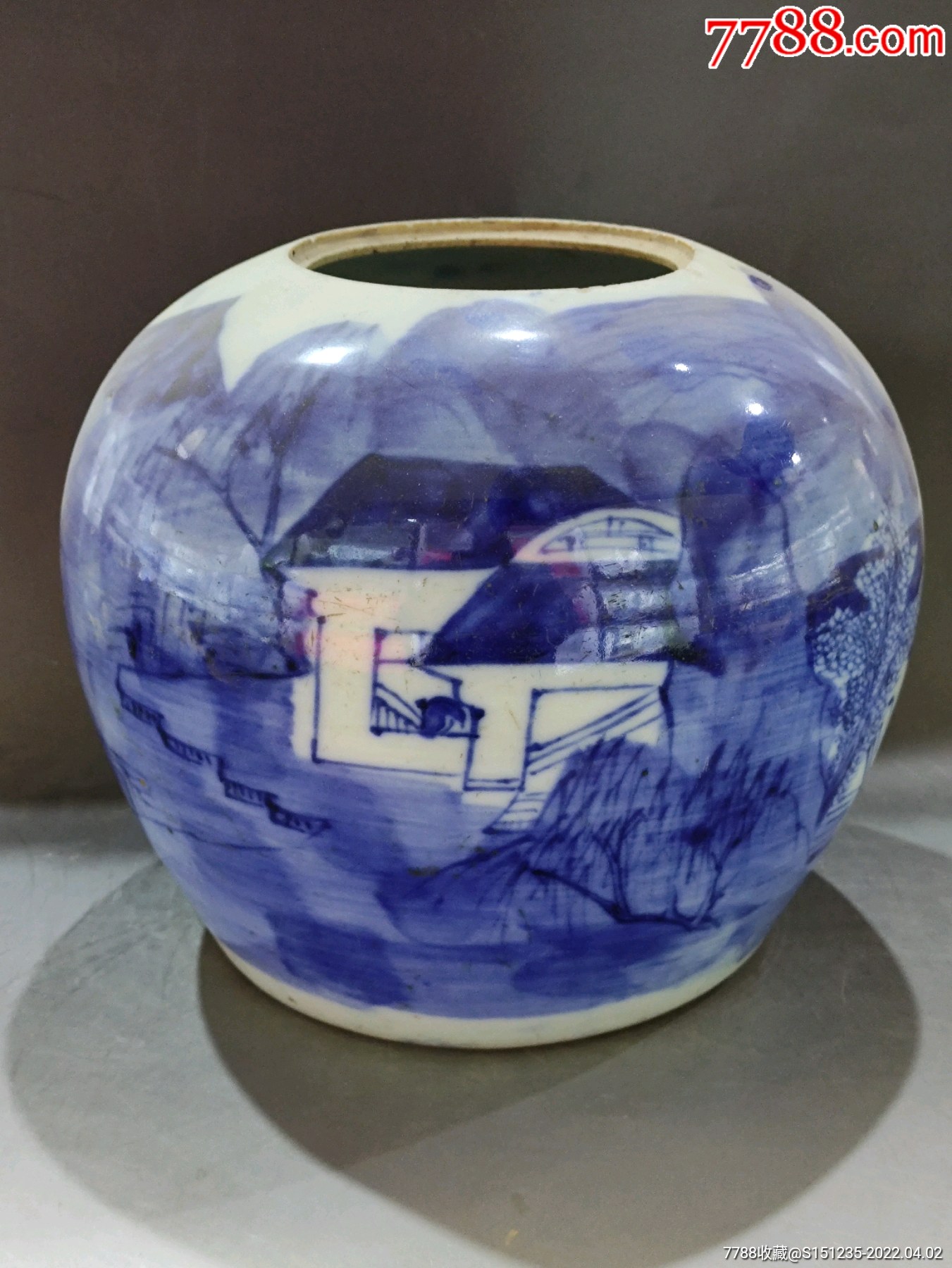 清代青花山水西瓜罐画面精美喜欢的朋友不要错过细节如图