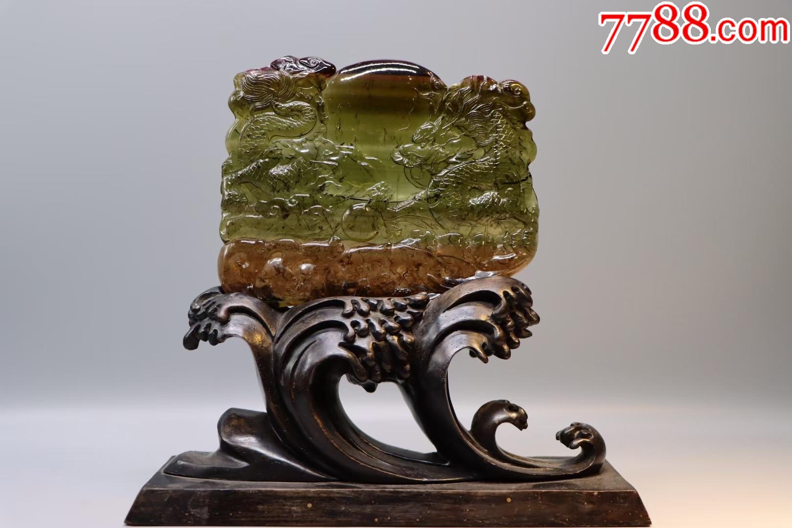 三色碧玺双龙戏珠摆件