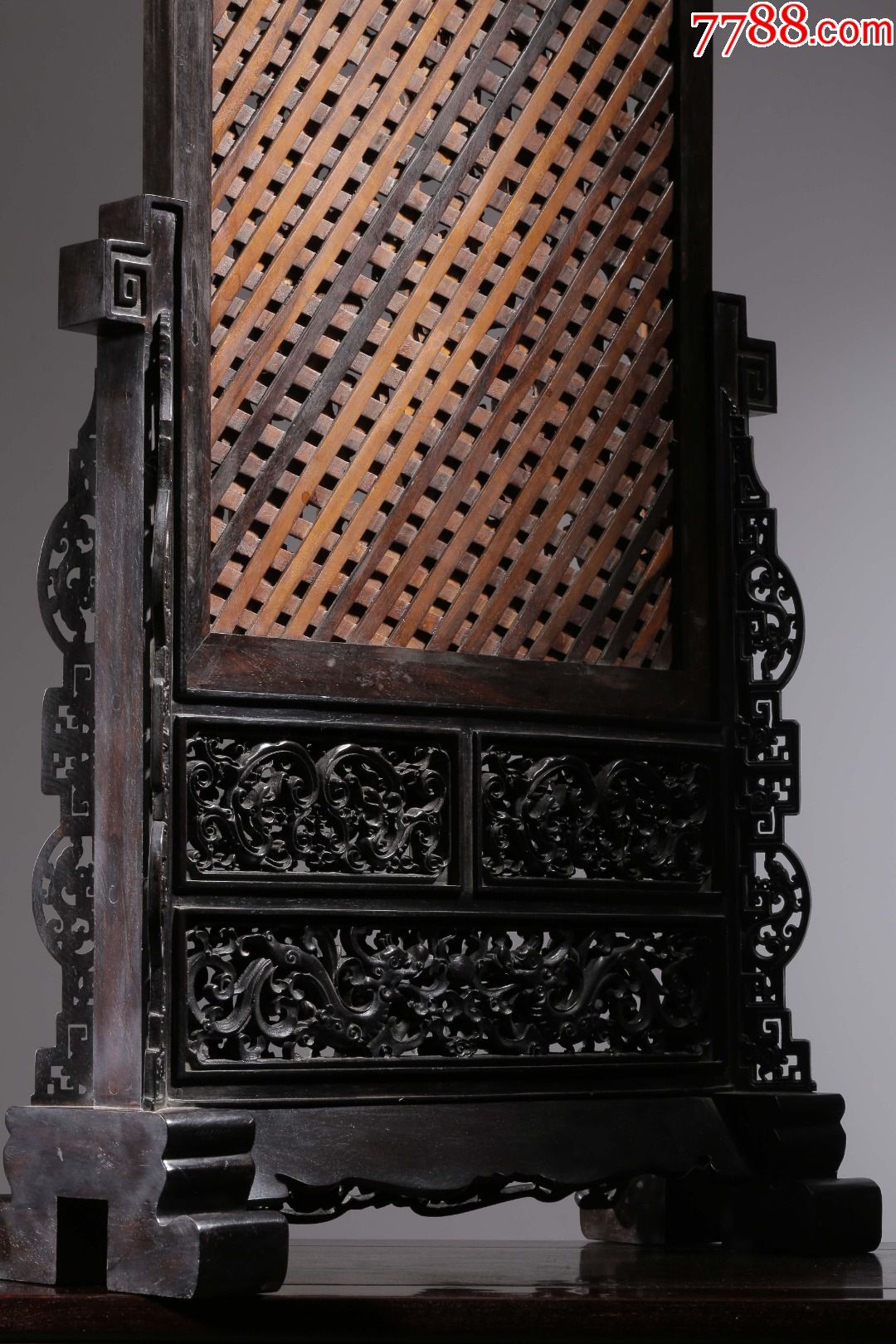 竹雕九龙戏珠嵌小叶紫檀底座大插屏