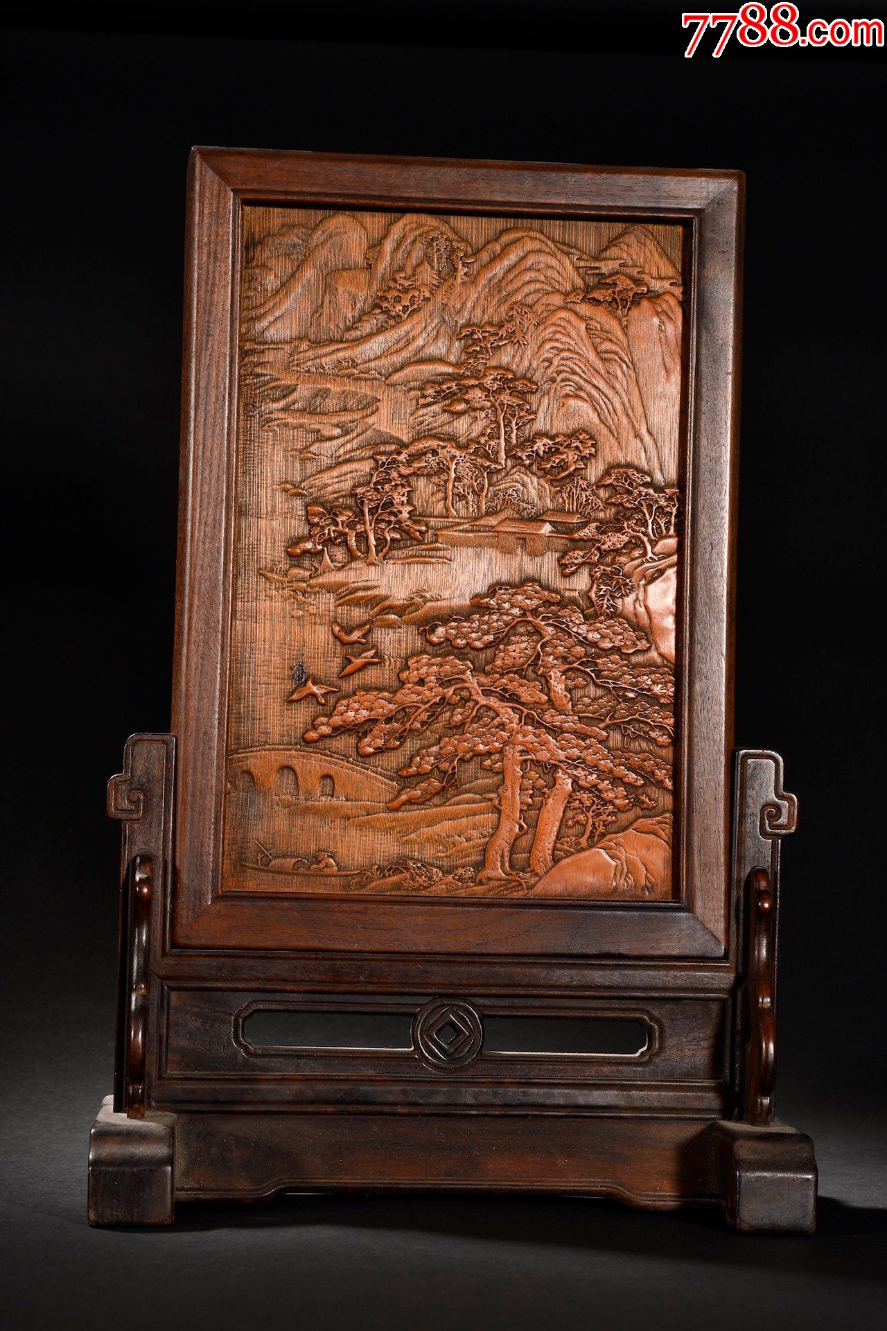 红木镶竹板山水插屏