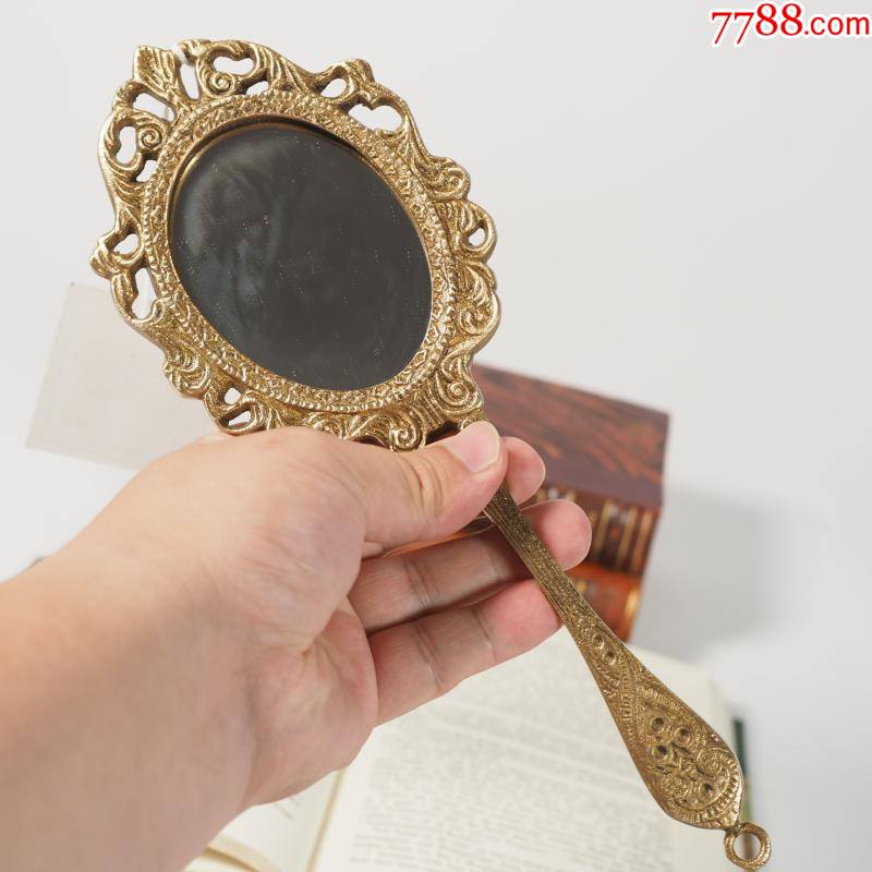 印度黄铜复古手工雕花手持化妆镜北欧美式梳妆镜妆台装饰摆件铜镜