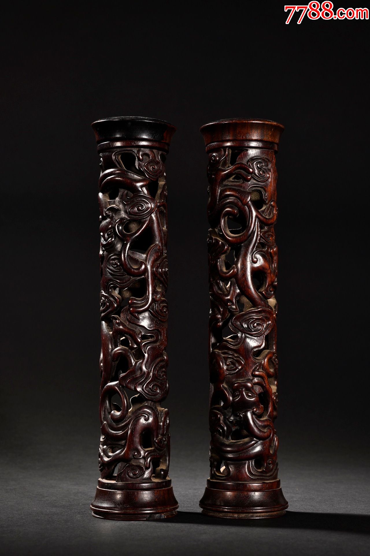 紫檀木镂空雕螭龙香筒一对