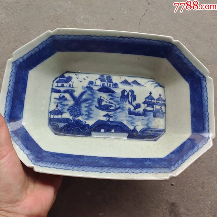 青花江南水乡方形盘-价格:500元-se86387618-青花瓷-零售-7788人民币