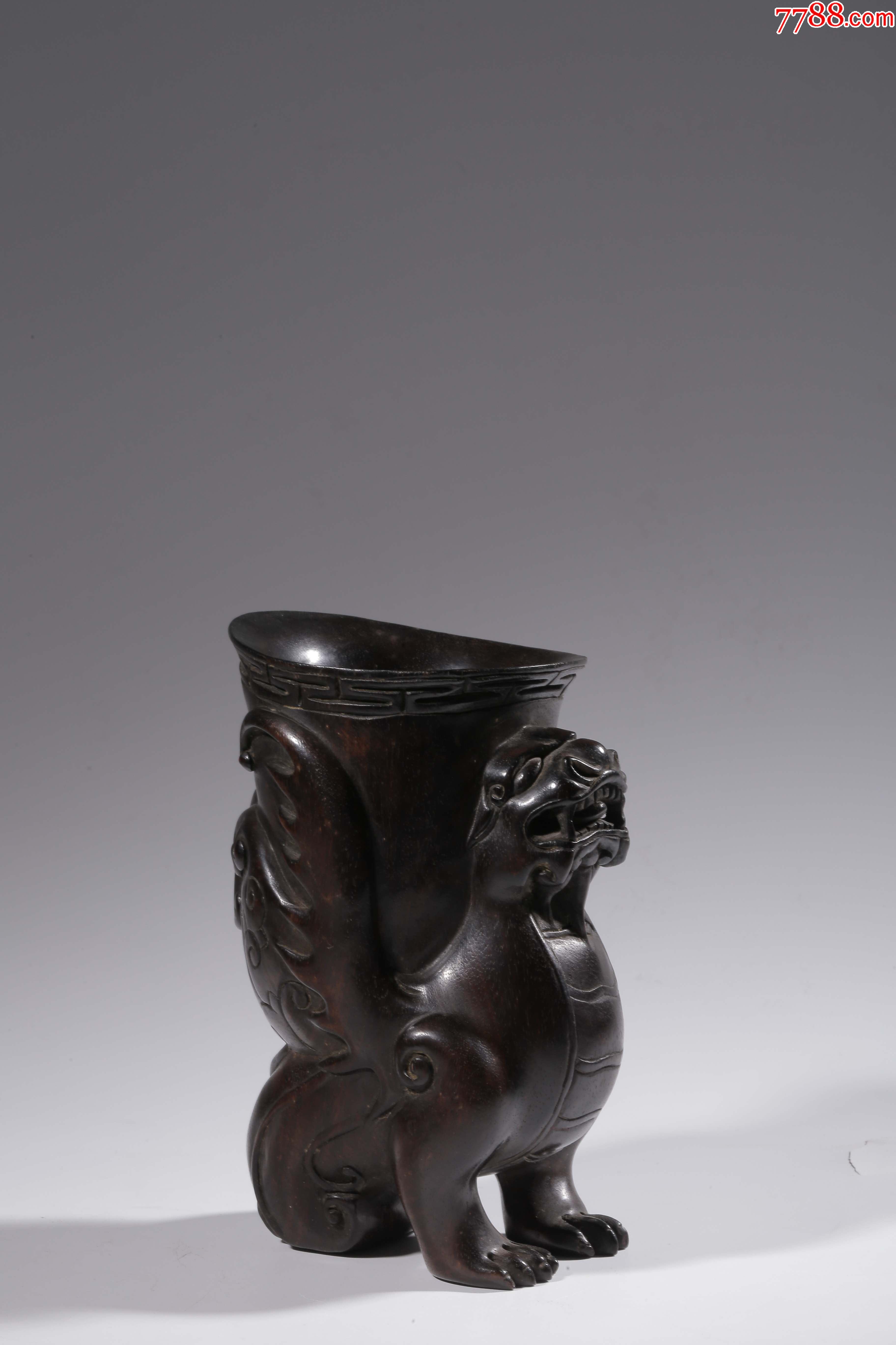 民国小叶紫檀雕古兽形笔筒