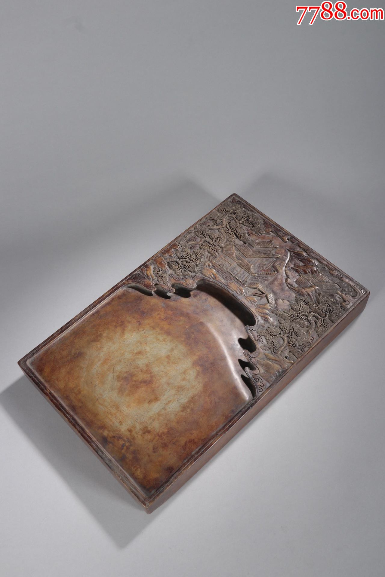 旧藏名家款松花石山水阁楼文房大砚台