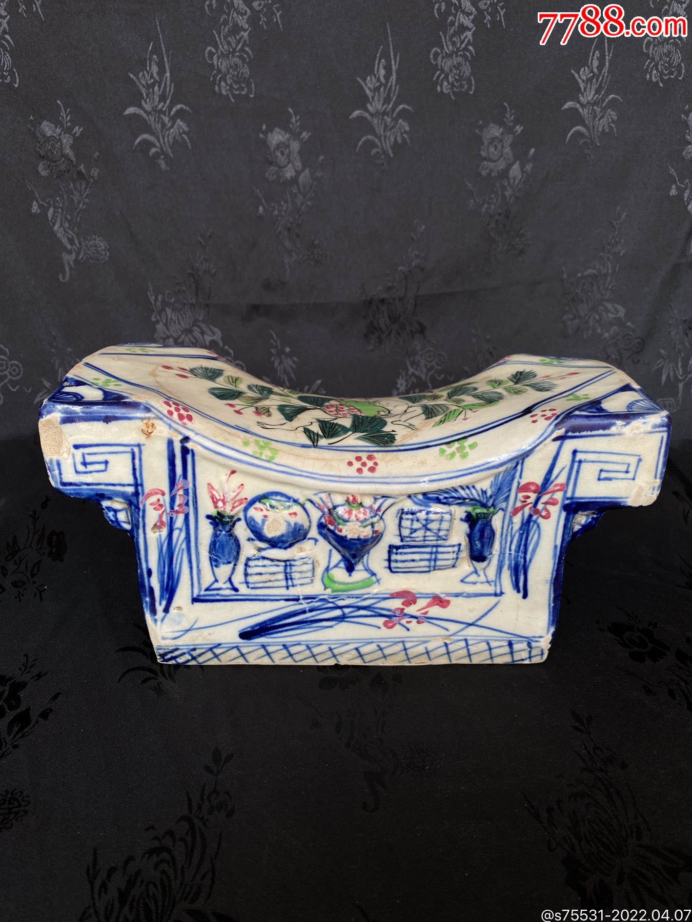 清末淄博窑手绘青花红绿彩多子多孙人物元宝枕老枕_价格2580元【相濡