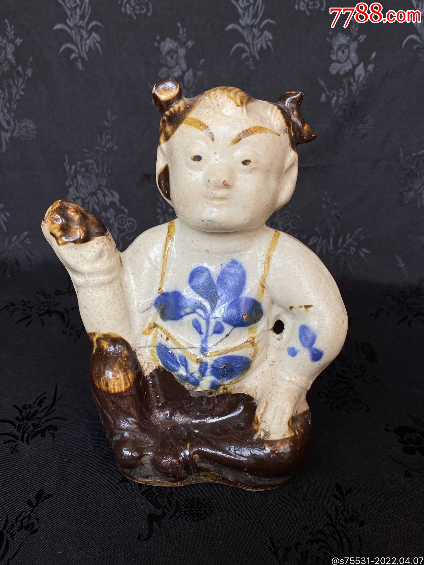 清末淄博窑手绘刘海戏金蟾酒壶酒注